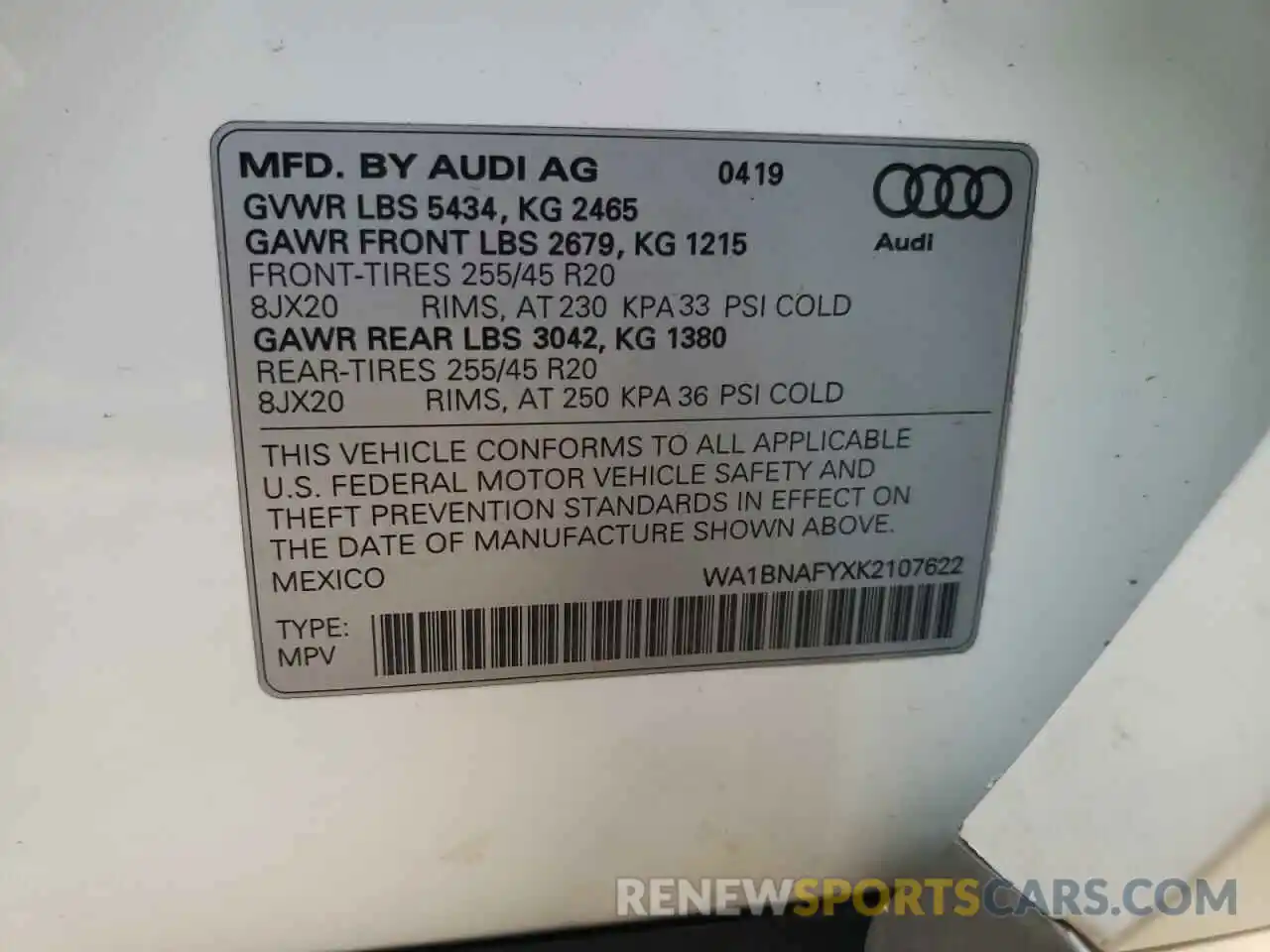 10 Фотография поврежденного автомобиля WA1BNAFYXK2107622 AUDI Q5 2019