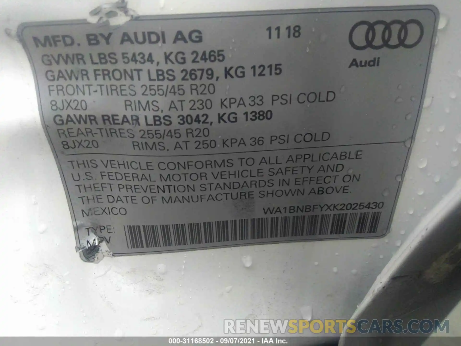 9 Фотография поврежденного автомобиля WA1BNBFYXK2025430 AUDI Q5 2019