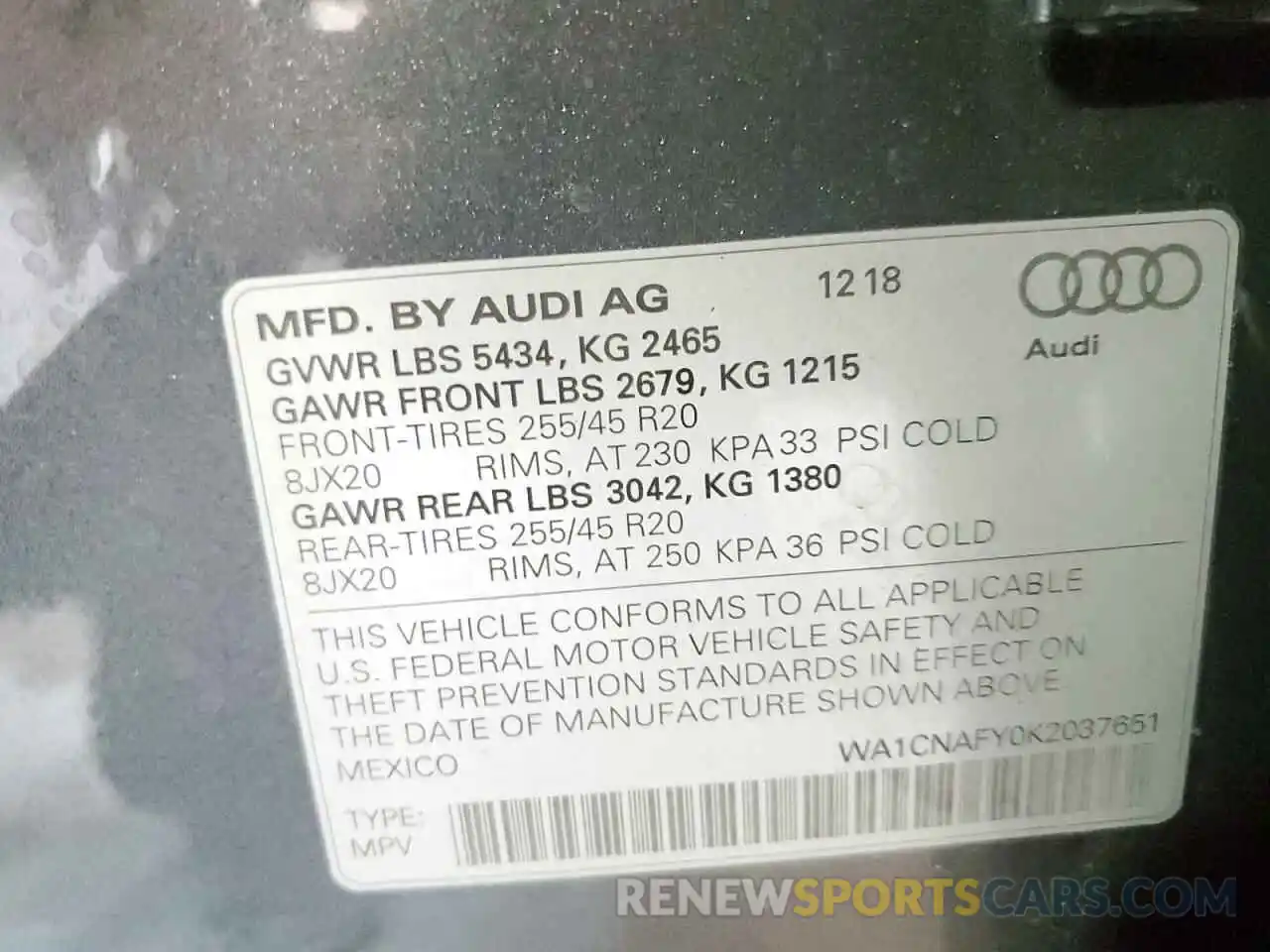 10 Фотография поврежденного автомобиля WA1CNAFY0K2037651 AUDI Q5 2019