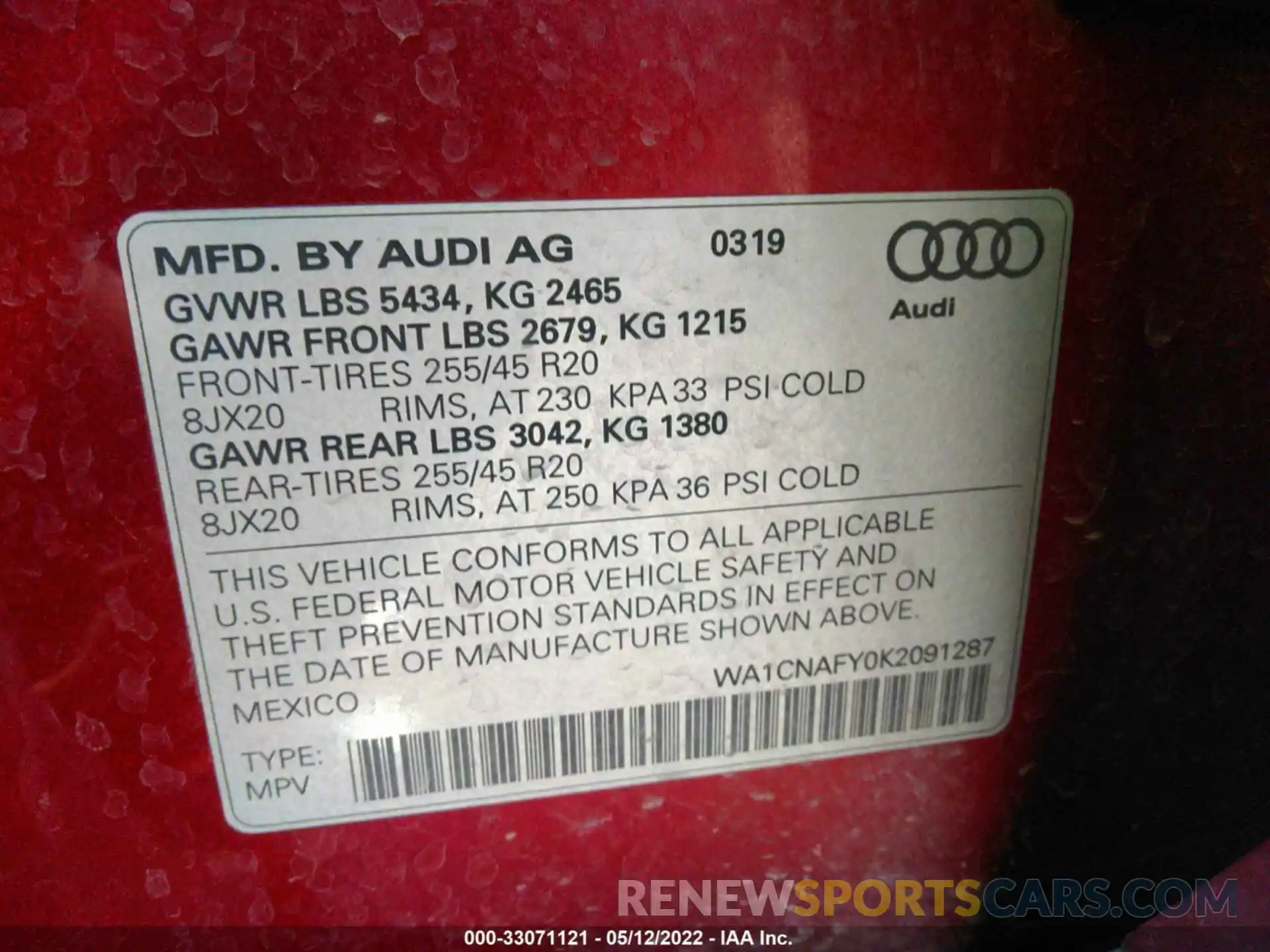 9 Photograph of a damaged car WA1CNAFY0K2091287 AUDI Q5 2019