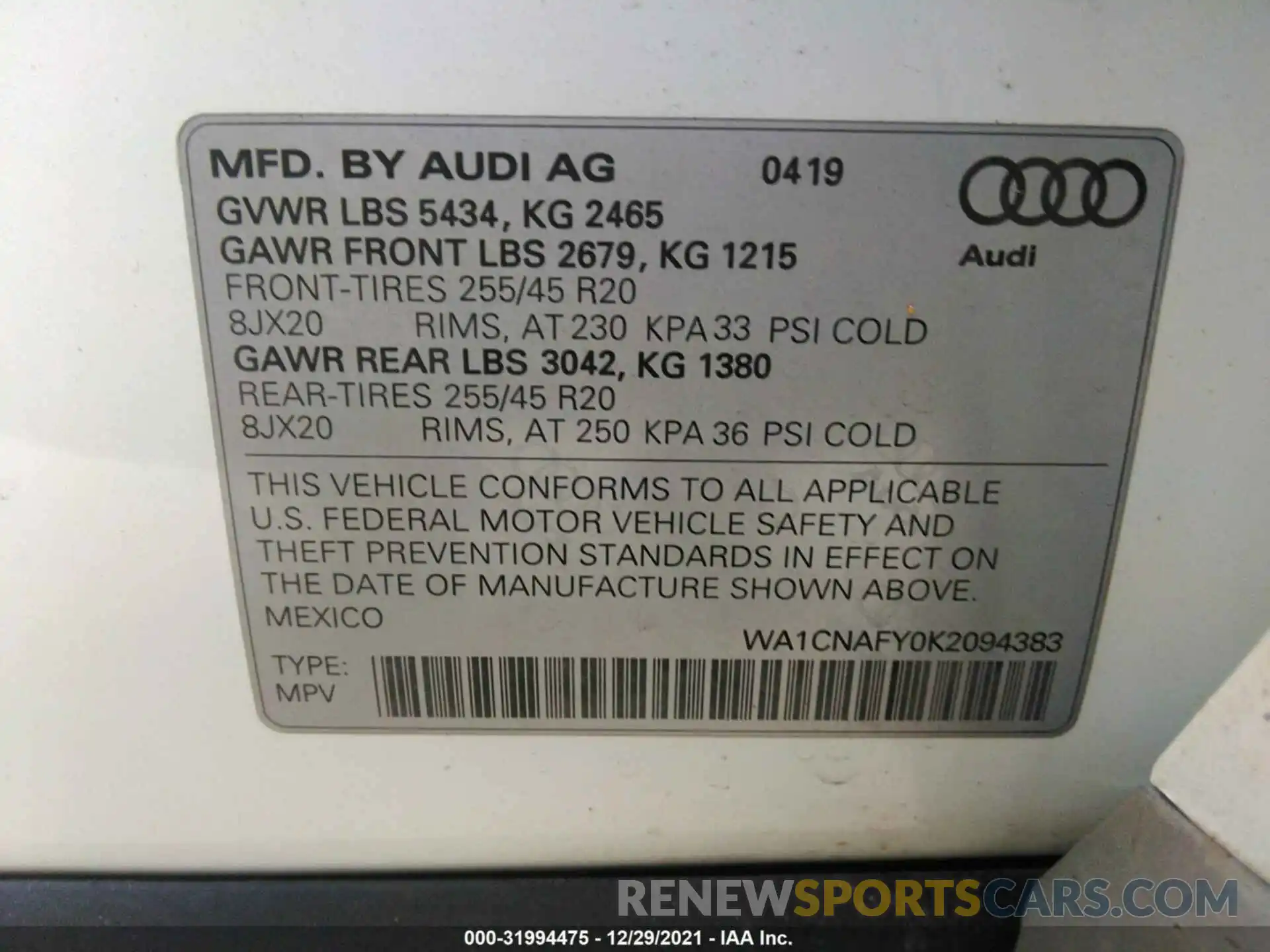 9 Фотография поврежденного автомобиля WA1CNAFY0K2094383 AUDI Q5 2019