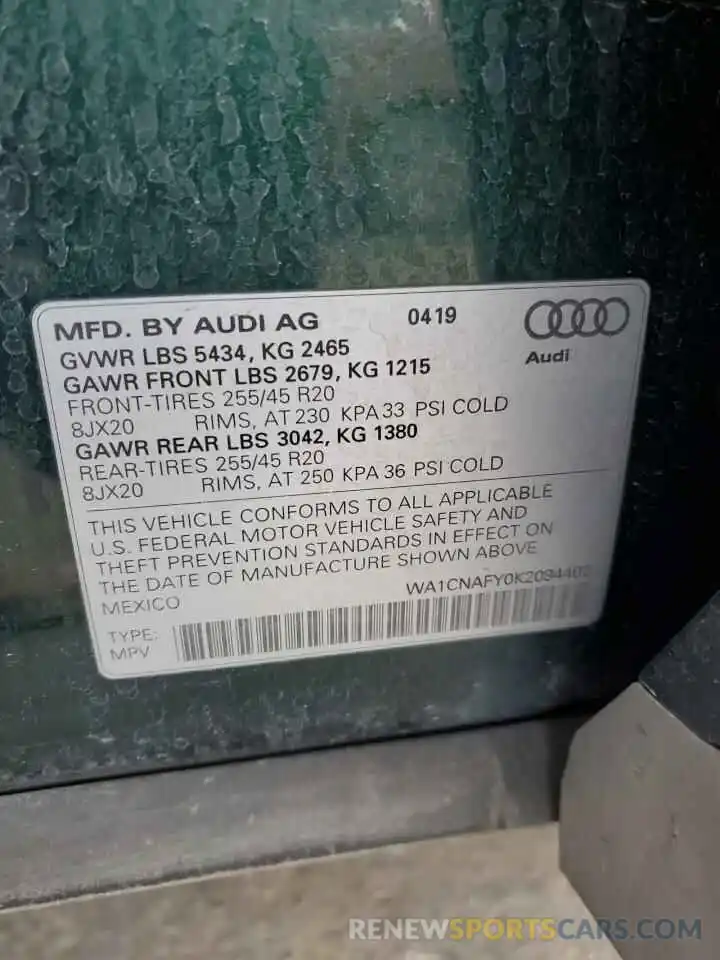 12 Фотография поврежденного автомобиля WA1CNAFY0K2094402 AUDI Q5 2019