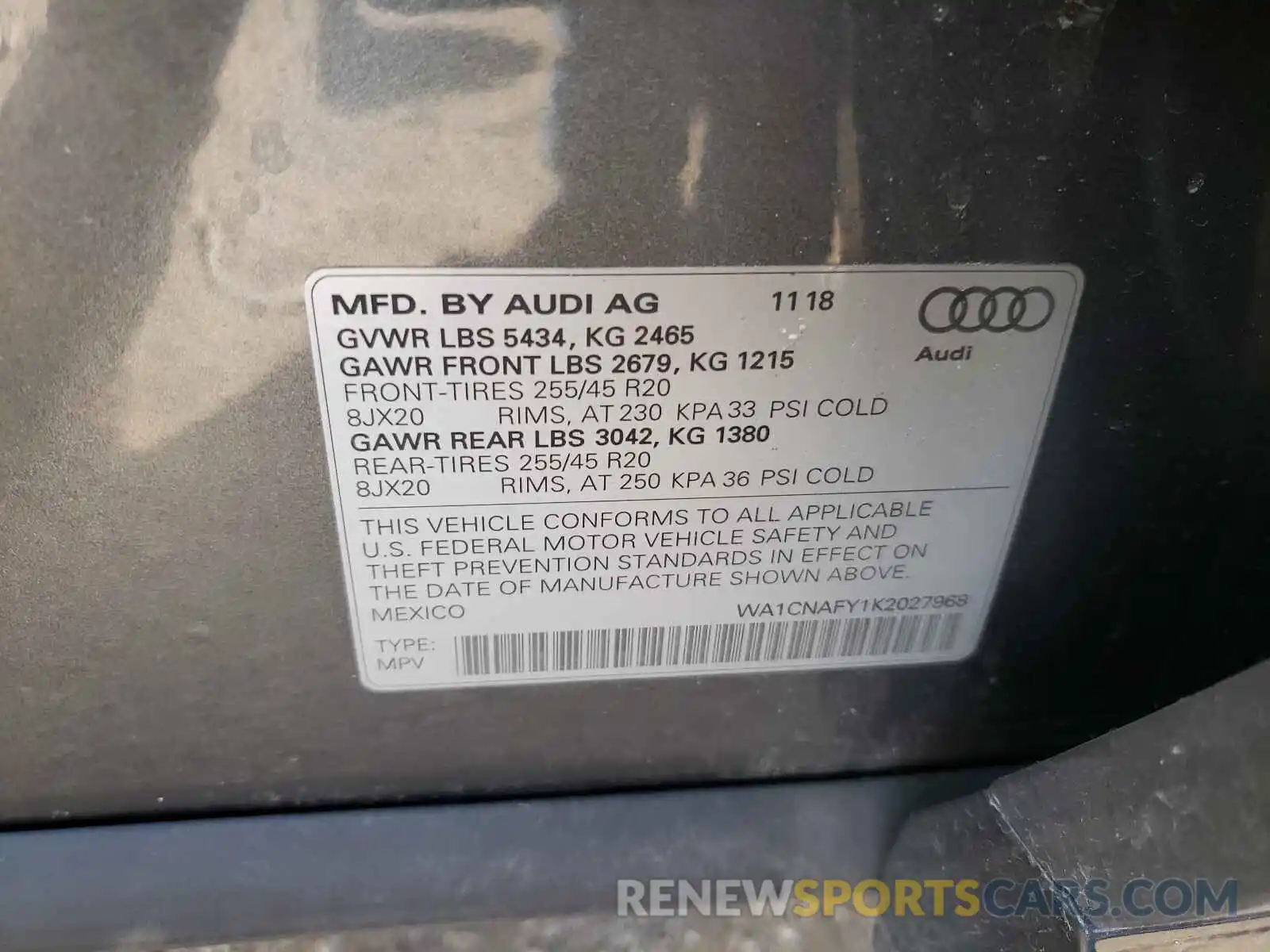 10 Photograph of a damaged car WA1CNAFY1K2027968 AUDI Q5 2019