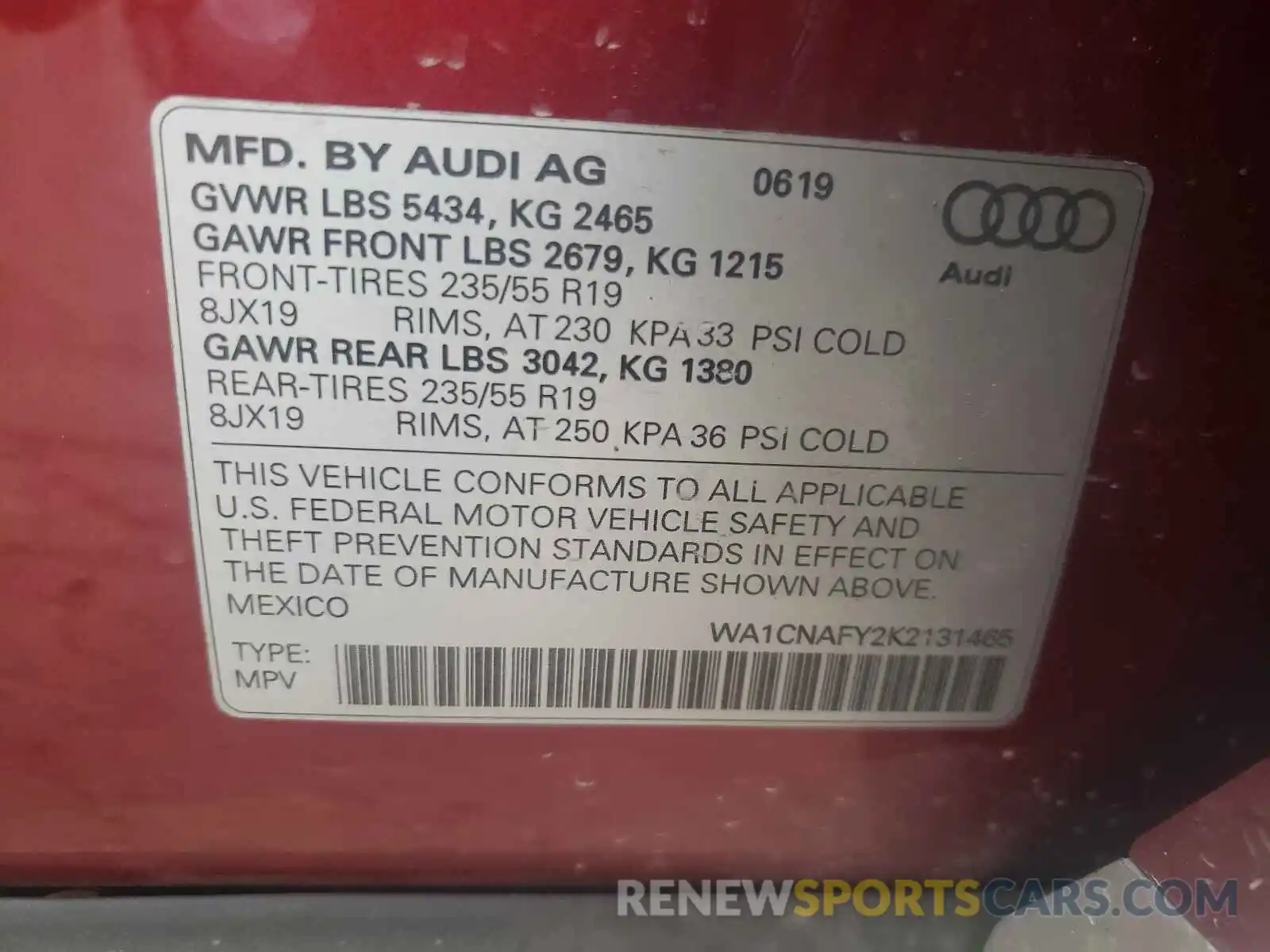 10 Photograph of a damaged car WA1CNAFY2K2131465 AUDI Q5 2019