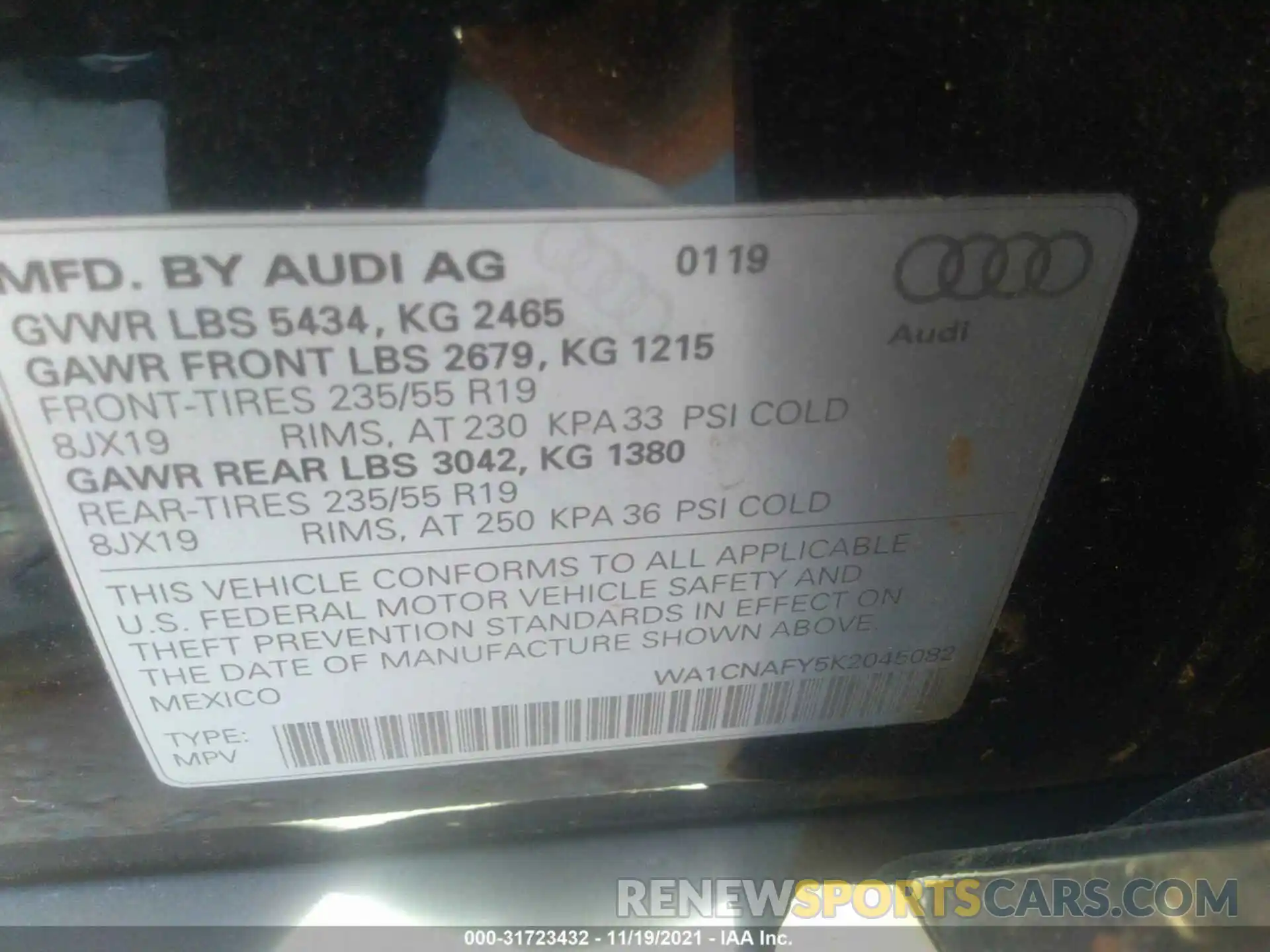 9 Фотография поврежденного автомобиля WA1CNAFY5K2045082 AUDI Q5 2019