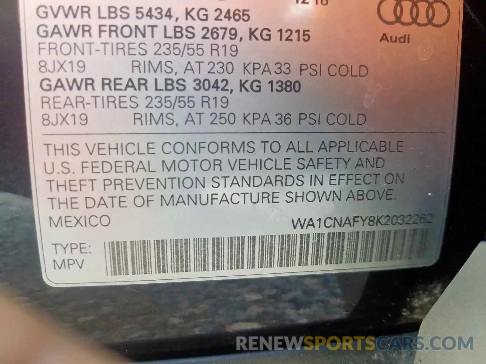 10 Photograph of a damaged car WA1CNAFY8K2032262 AUDI Q5 2019