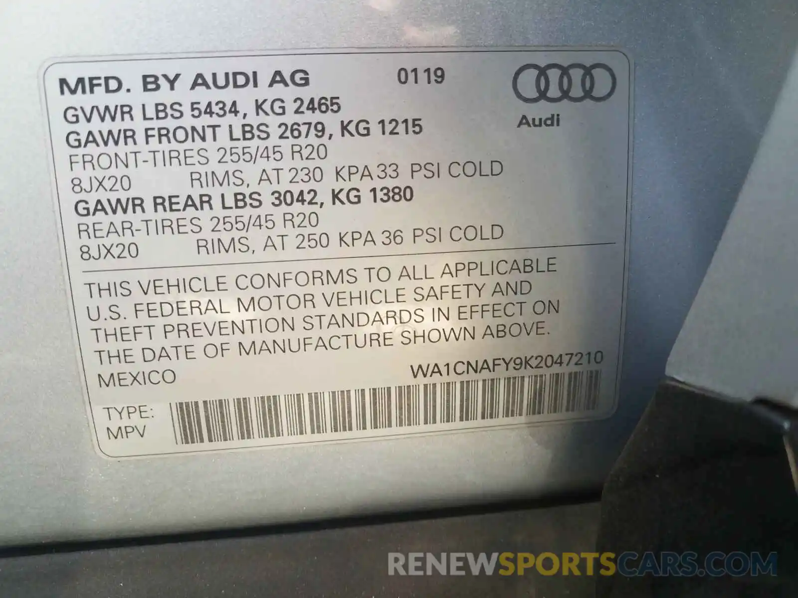 10 Фотография поврежденного автомобиля WA1CNAFY9K2047210 AUDI Q5 2019