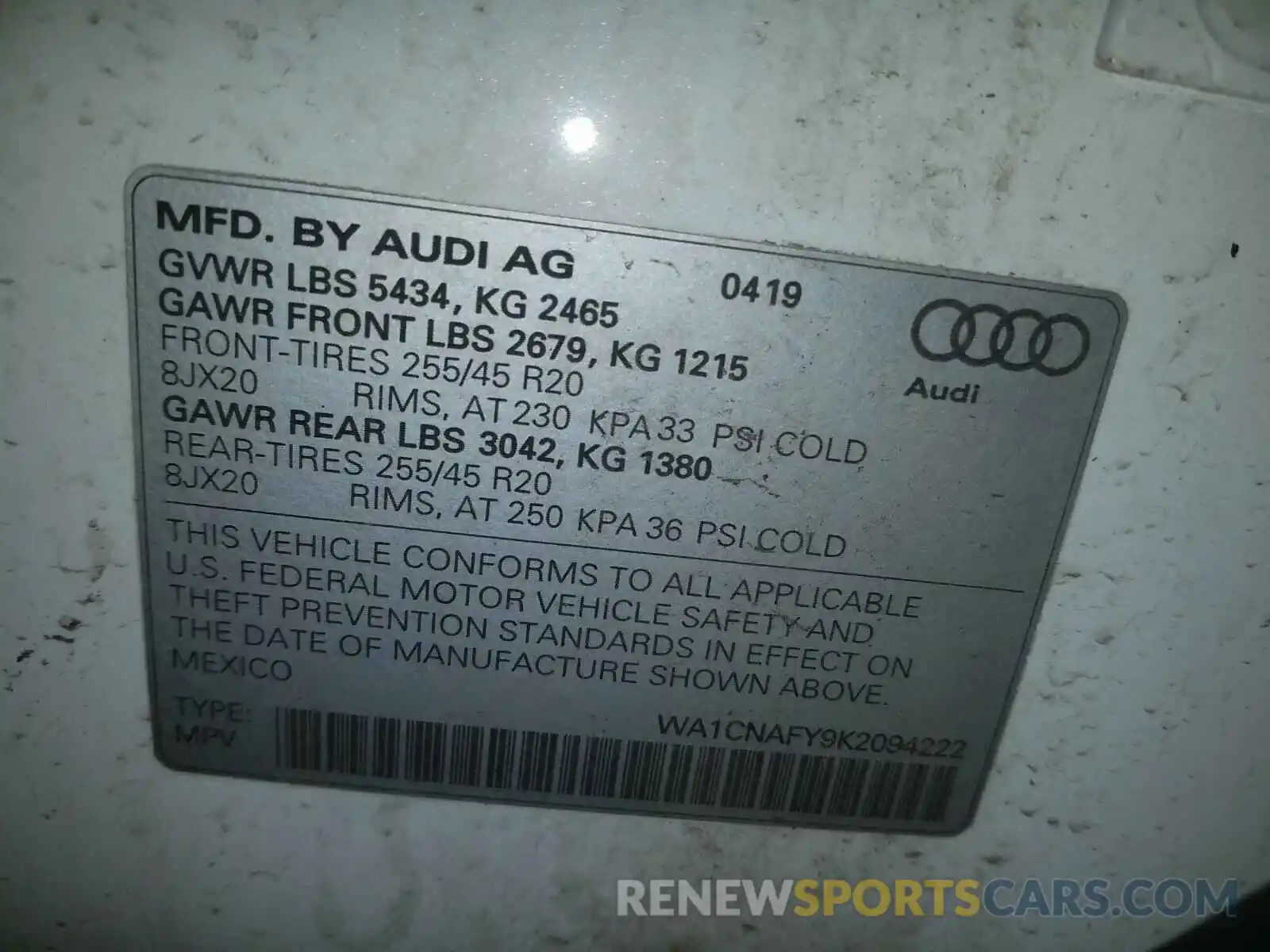 10 Фотография поврежденного автомобиля WA1CNAFY9K2094222 AUDI Q5 2019