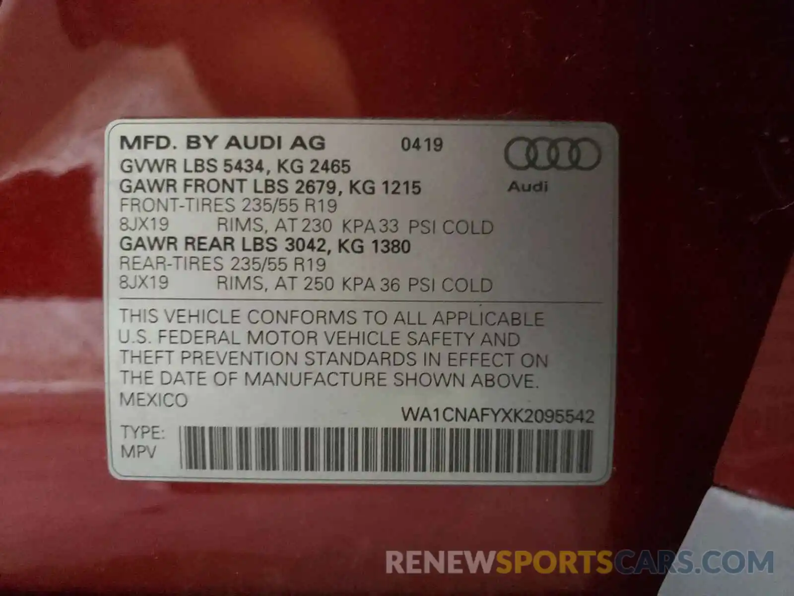 10 Фотография поврежденного автомобиля WA1CNAFYXK2095542 AUDI Q5 2019