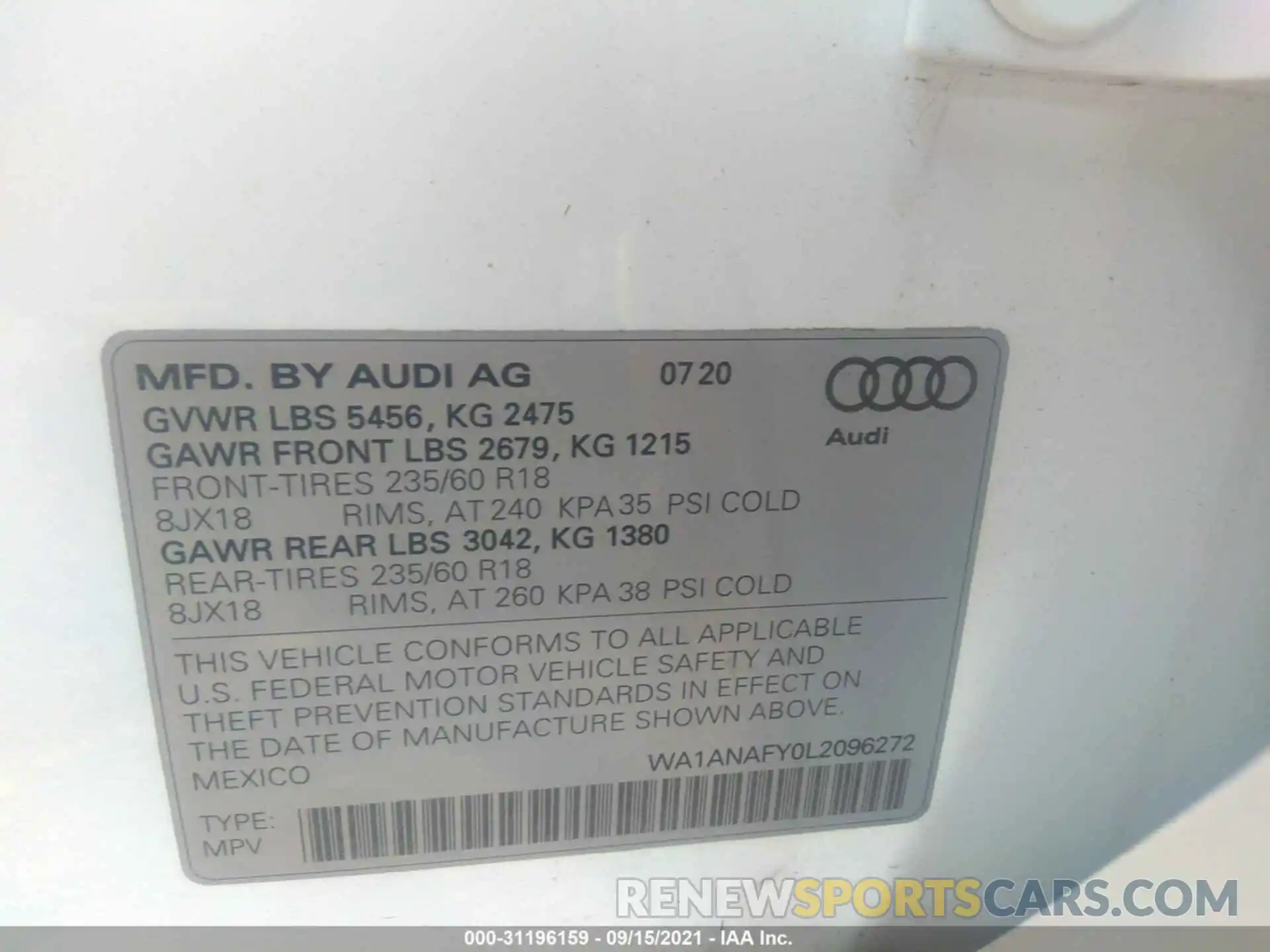 9 Фотография поврежденного автомобиля WA1ANAFY0L2096272 AUDI Q5 2020