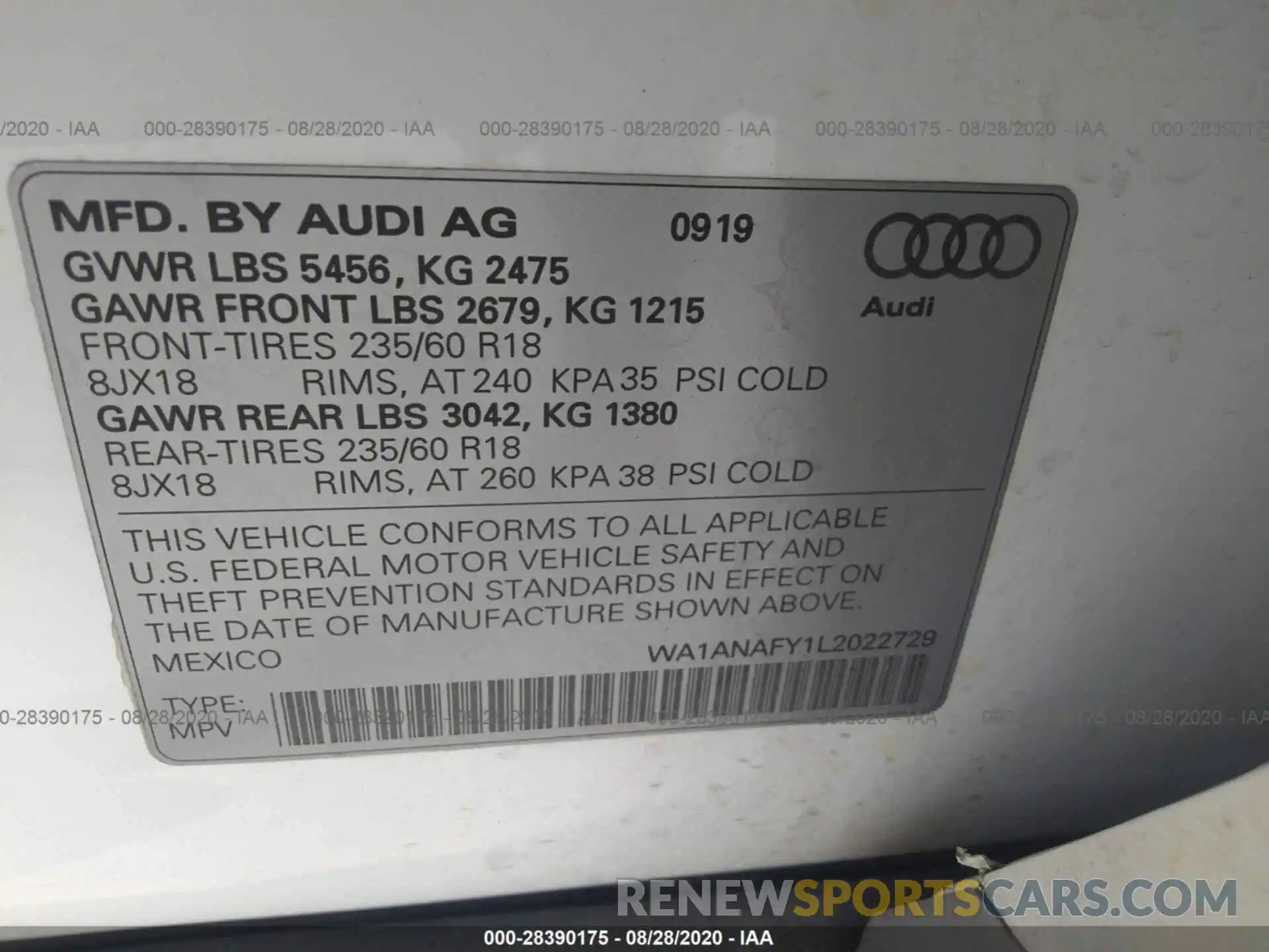 9 Photograph of a damaged car WA1ANAFY1L2022729 AUDI Q5 2020