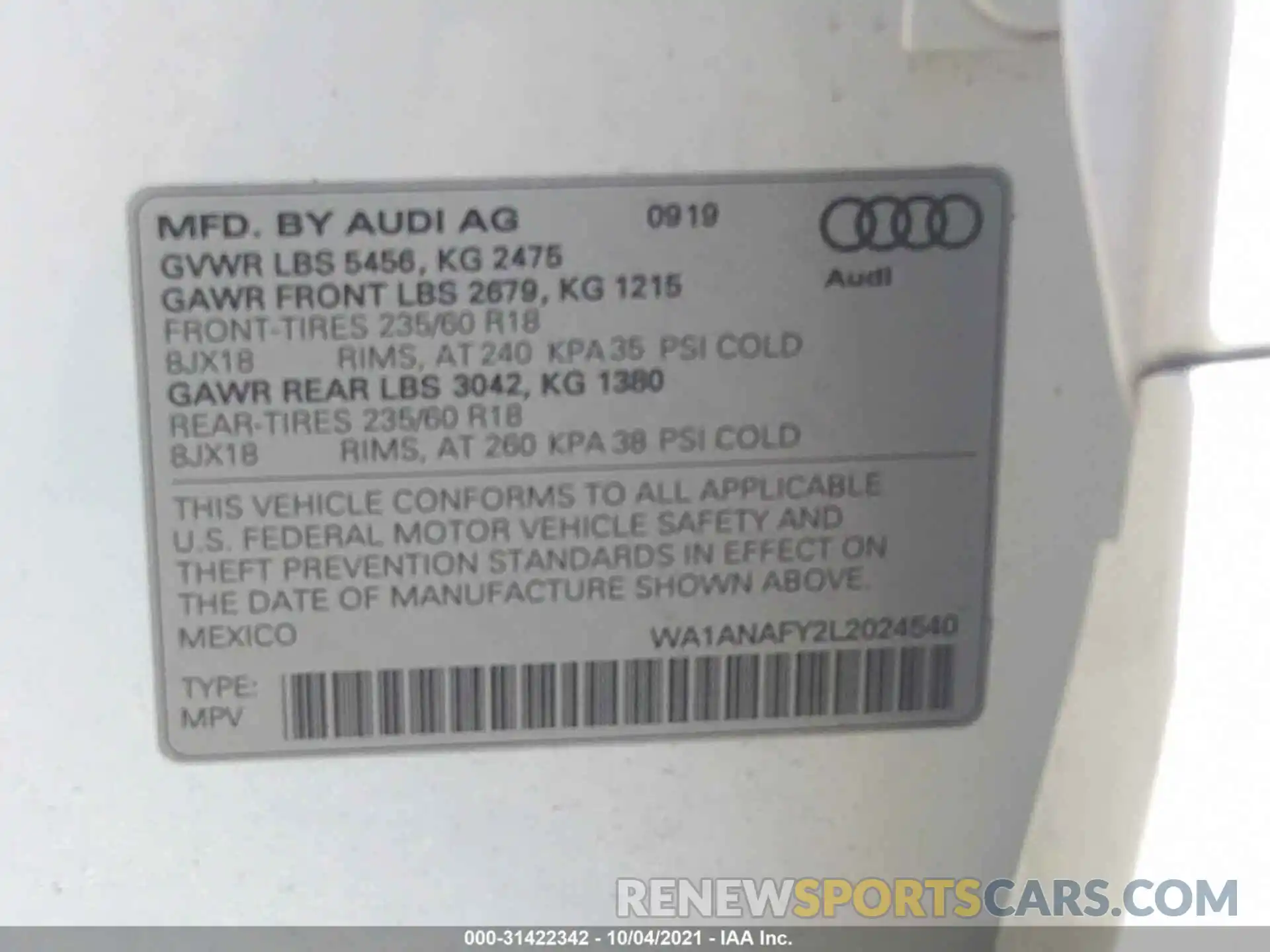 9 Фотография поврежденного автомобиля WA1ANAFY2L2024540 AUDI Q5 2020