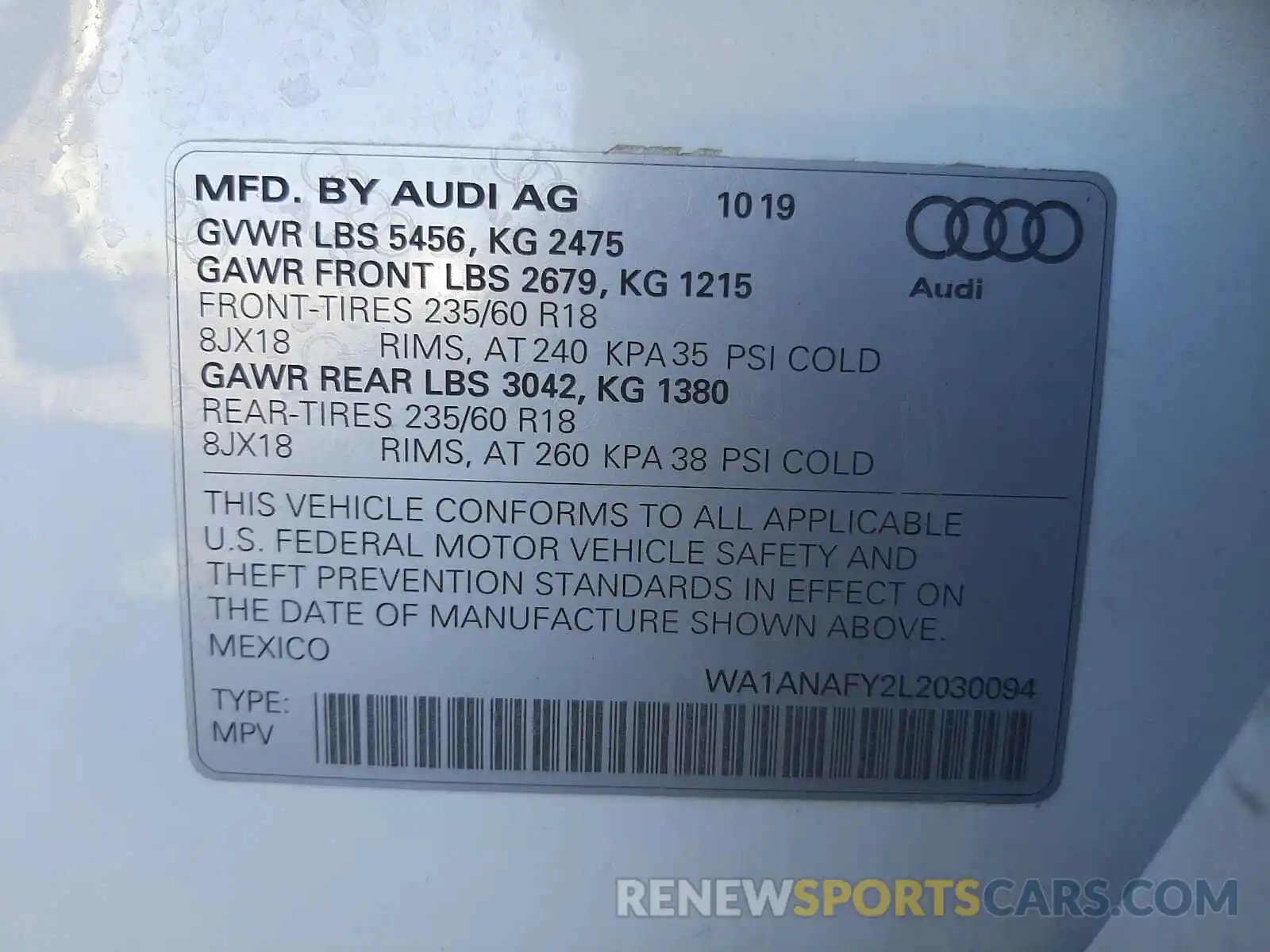 10 Photograph of a damaged car WA1ANAFY2L2030094 AUDI Q5 2020