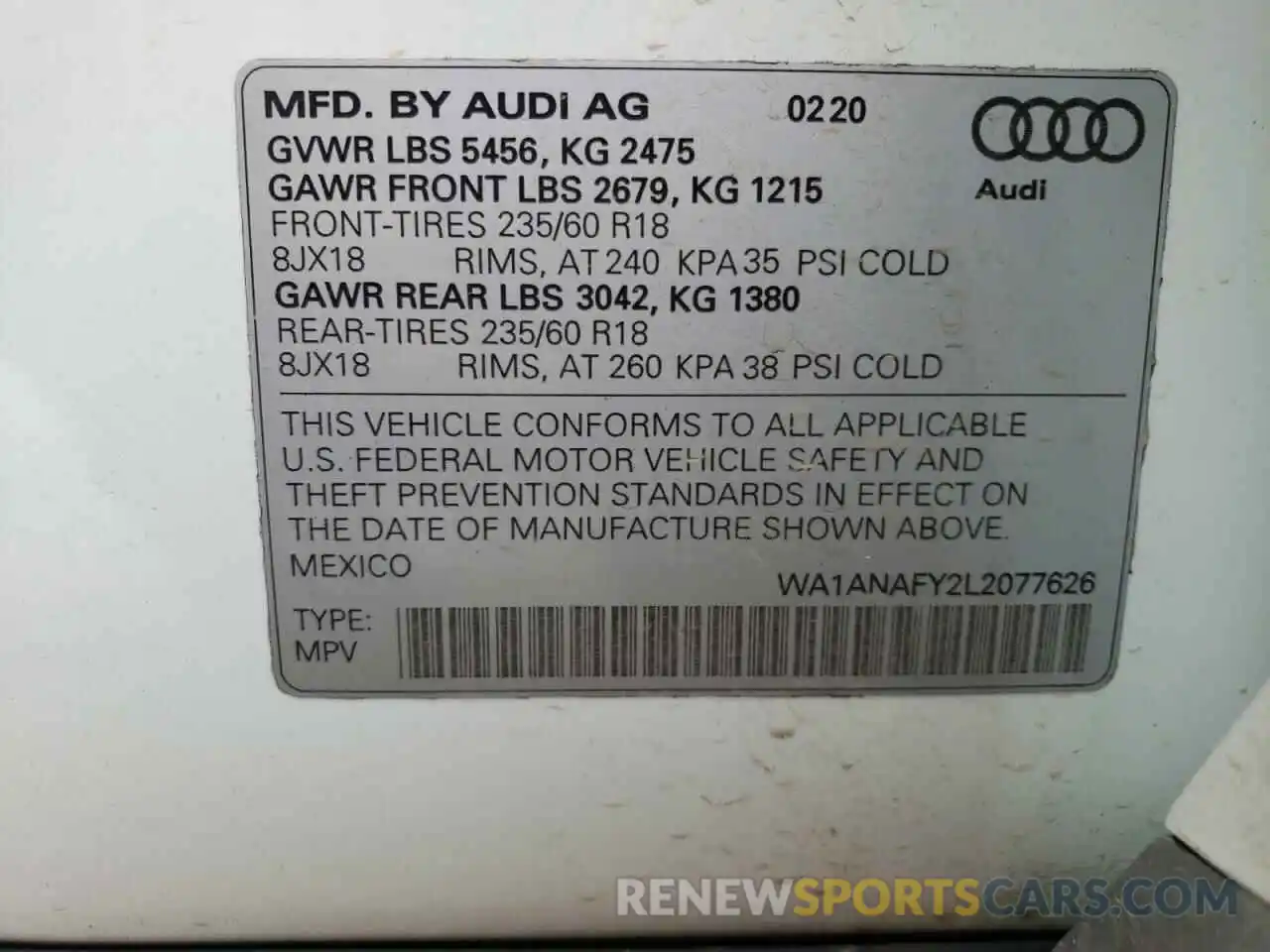 10 Photograph of a damaged car WA1ANAFY2L2077626 AUDI Q5 2020