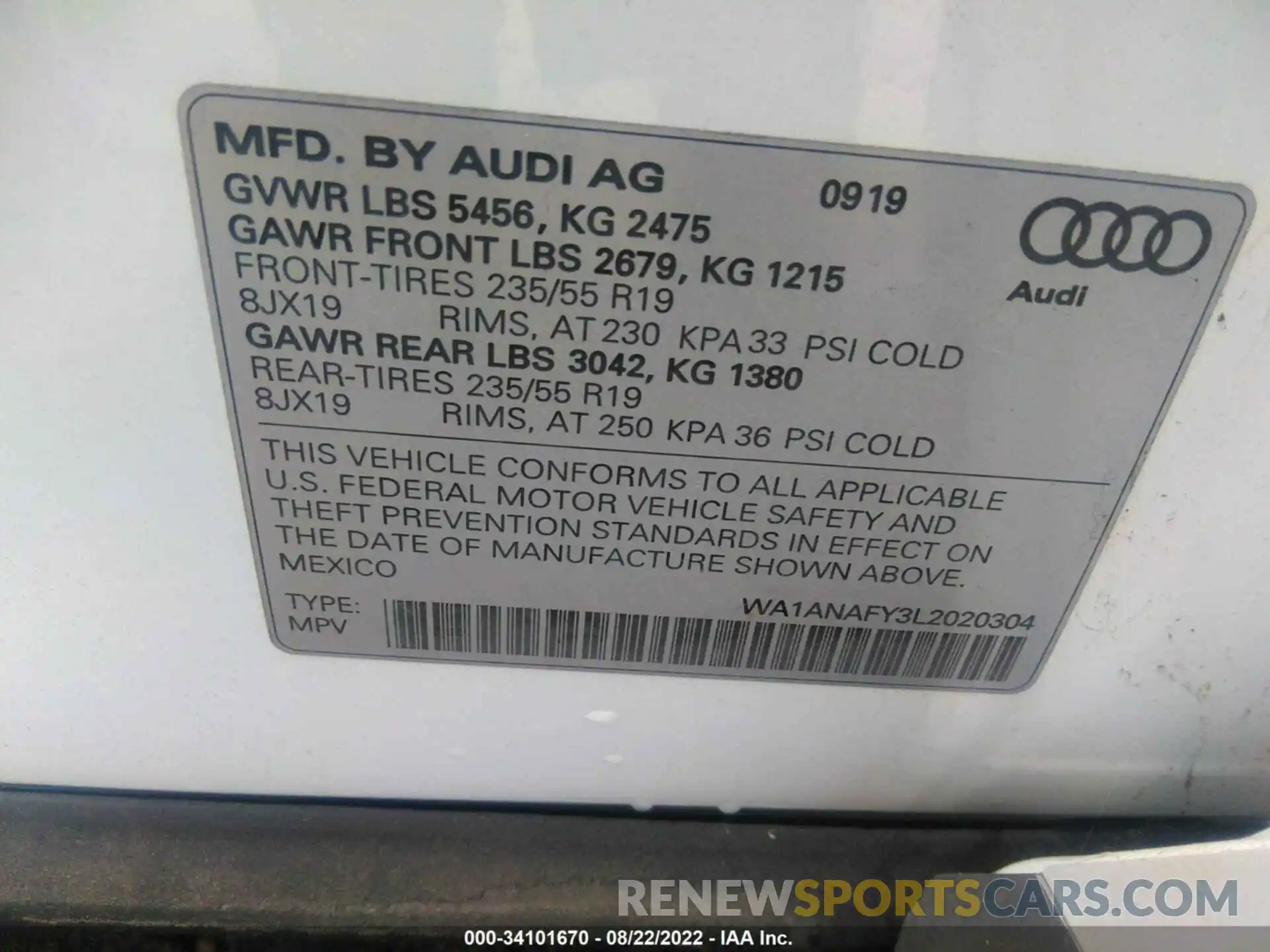 9 Photograph of a damaged car WA1ANAFY3L2020304 AUDI Q5 2020