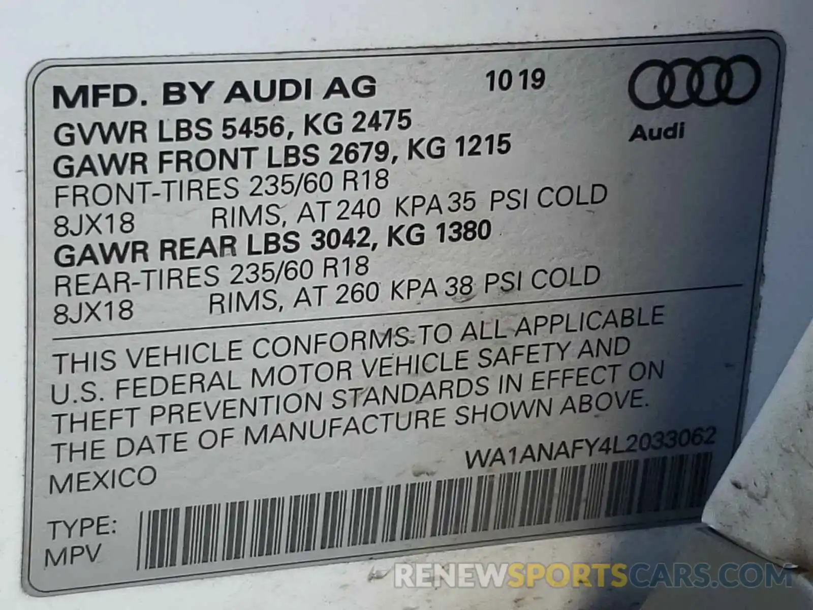 10 Photograph of a damaged car WA1ANAFY4L2033062 AUDI Q5 2020