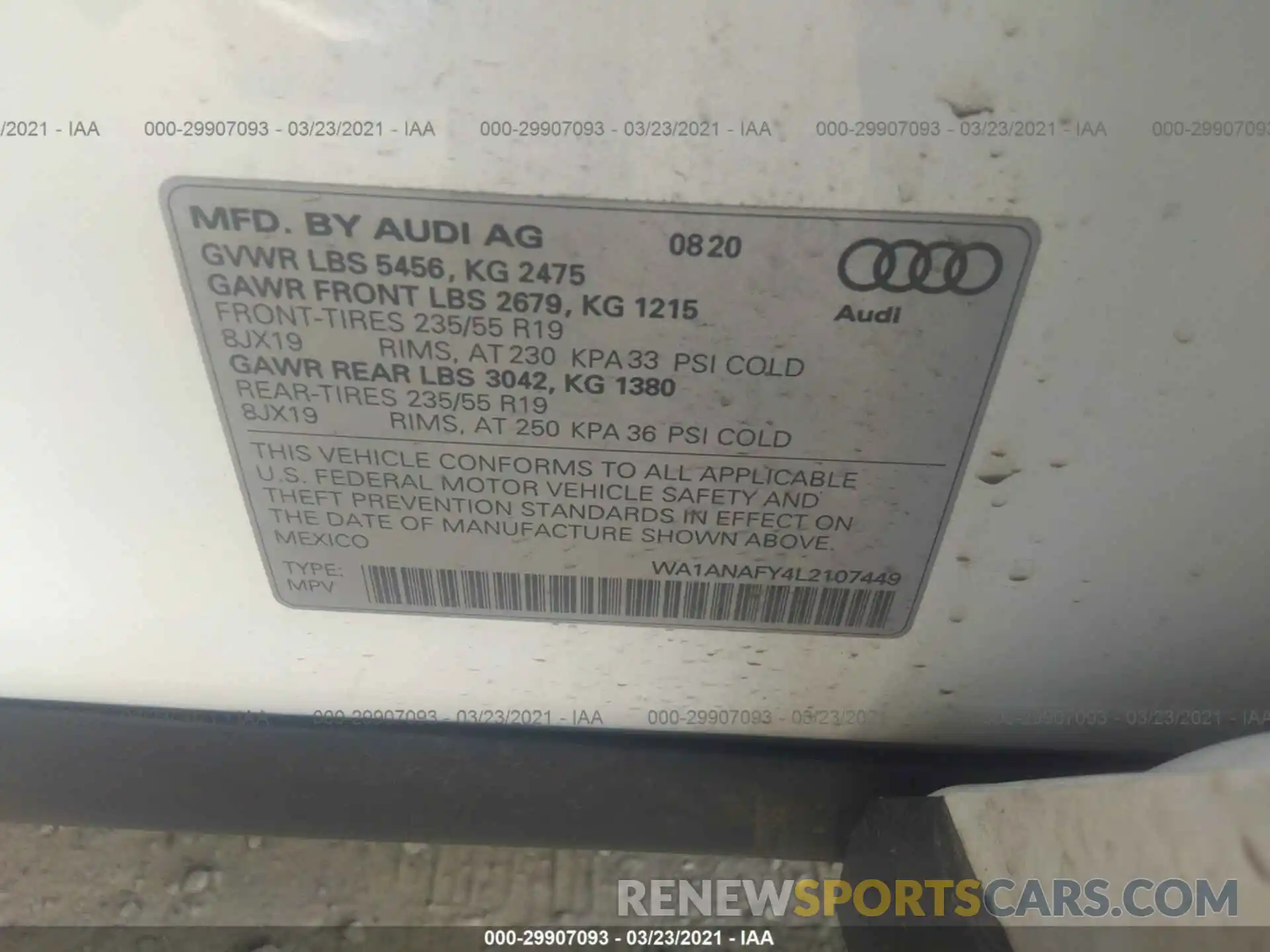 9 Фотография поврежденного автомобиля WA1ANAFY4L2107449 AUDI Q5 2020