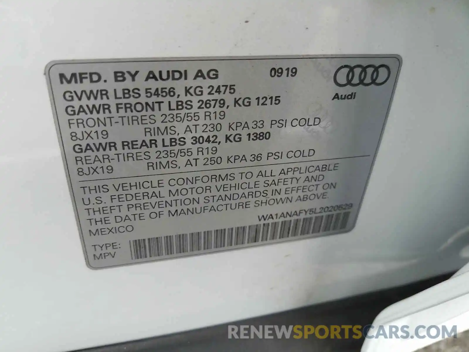 10 Photograph of a damaged car WA1ANAFY5L2020529 AUDI Q5 2020