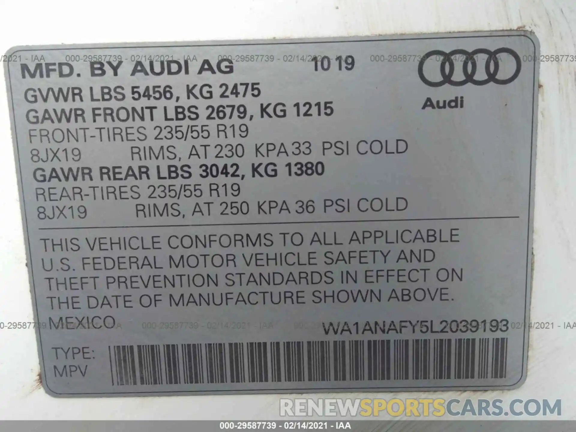 9 Фотография поврежденного автомобиля WA1ANAFY5L2039193 AUDI Q5 2020