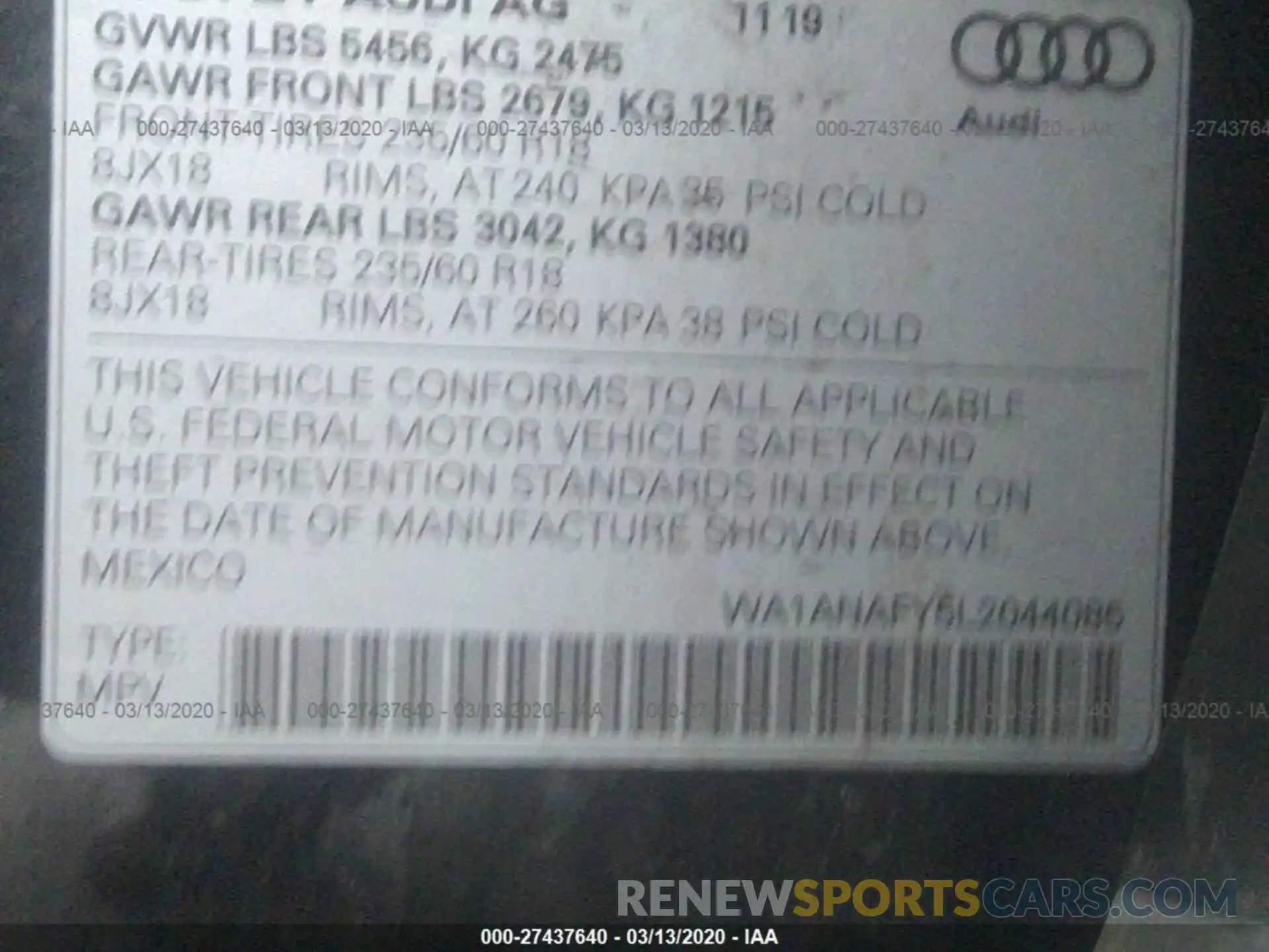 9 Photograph of a damaged car WA1ANAFY5L2044085 AUDI Q5 2020