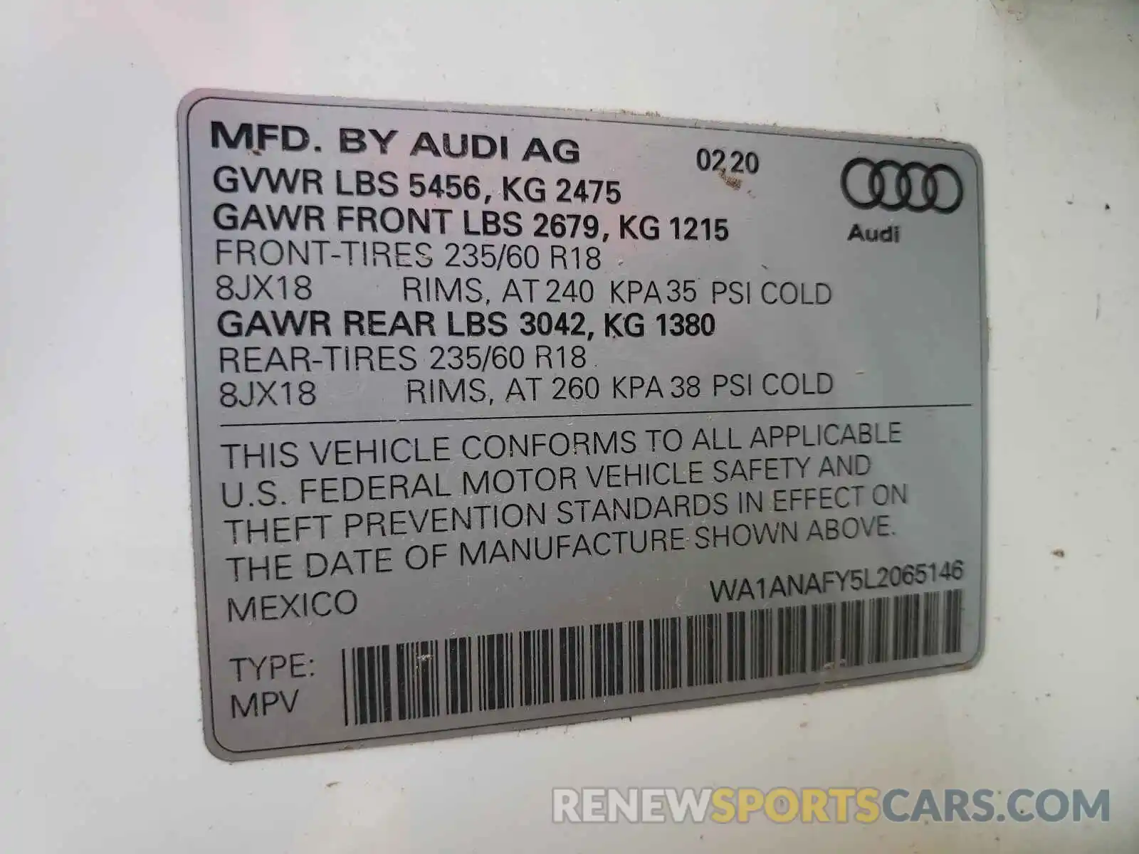 10 Photograph of a damaged car WA1ANAFY5L2065146 AUDI Q5 2020