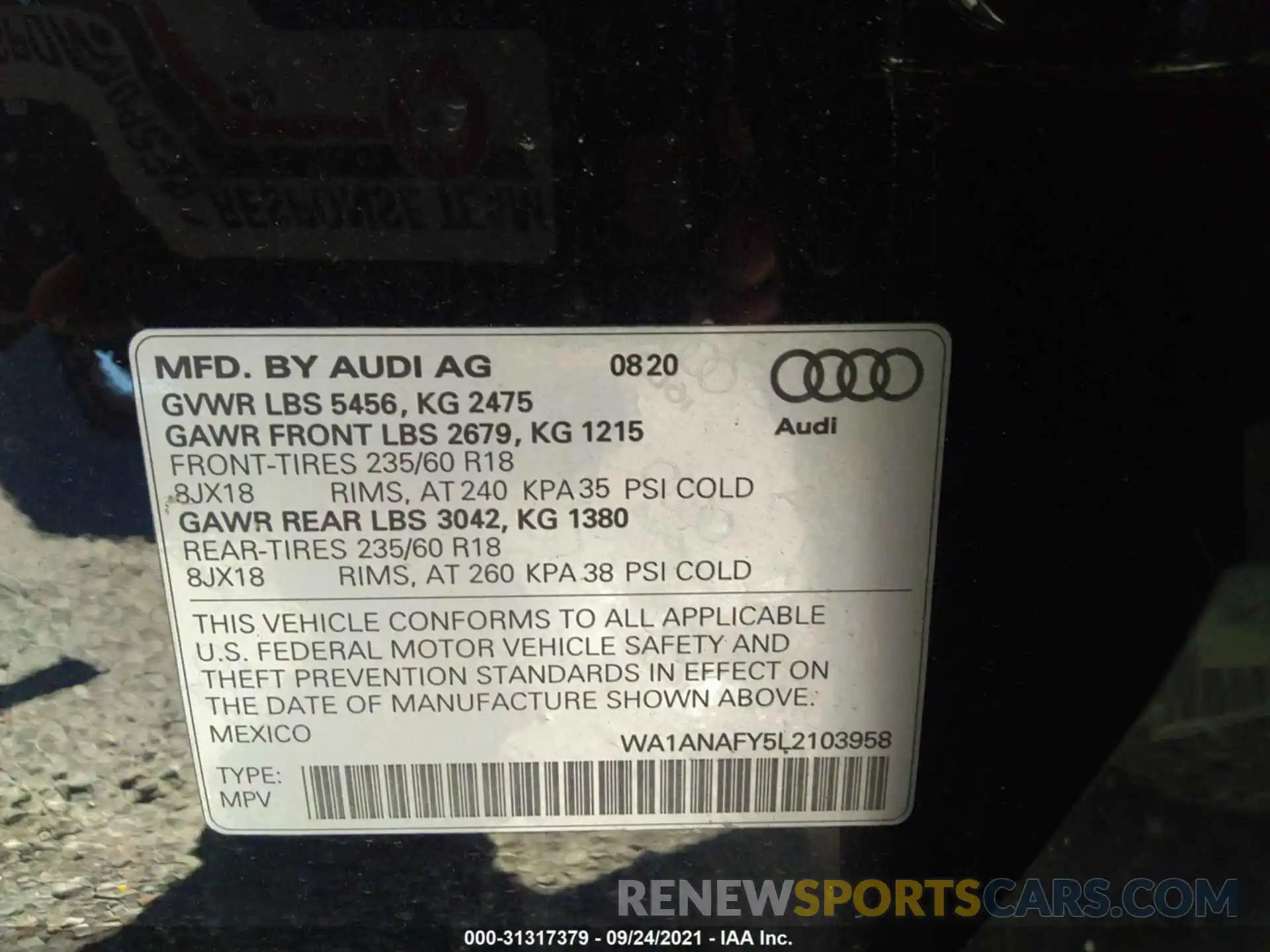 9 Фотография поврежденного автомобиля WA1ANAFY5L2103958 AUDI Q5 2020