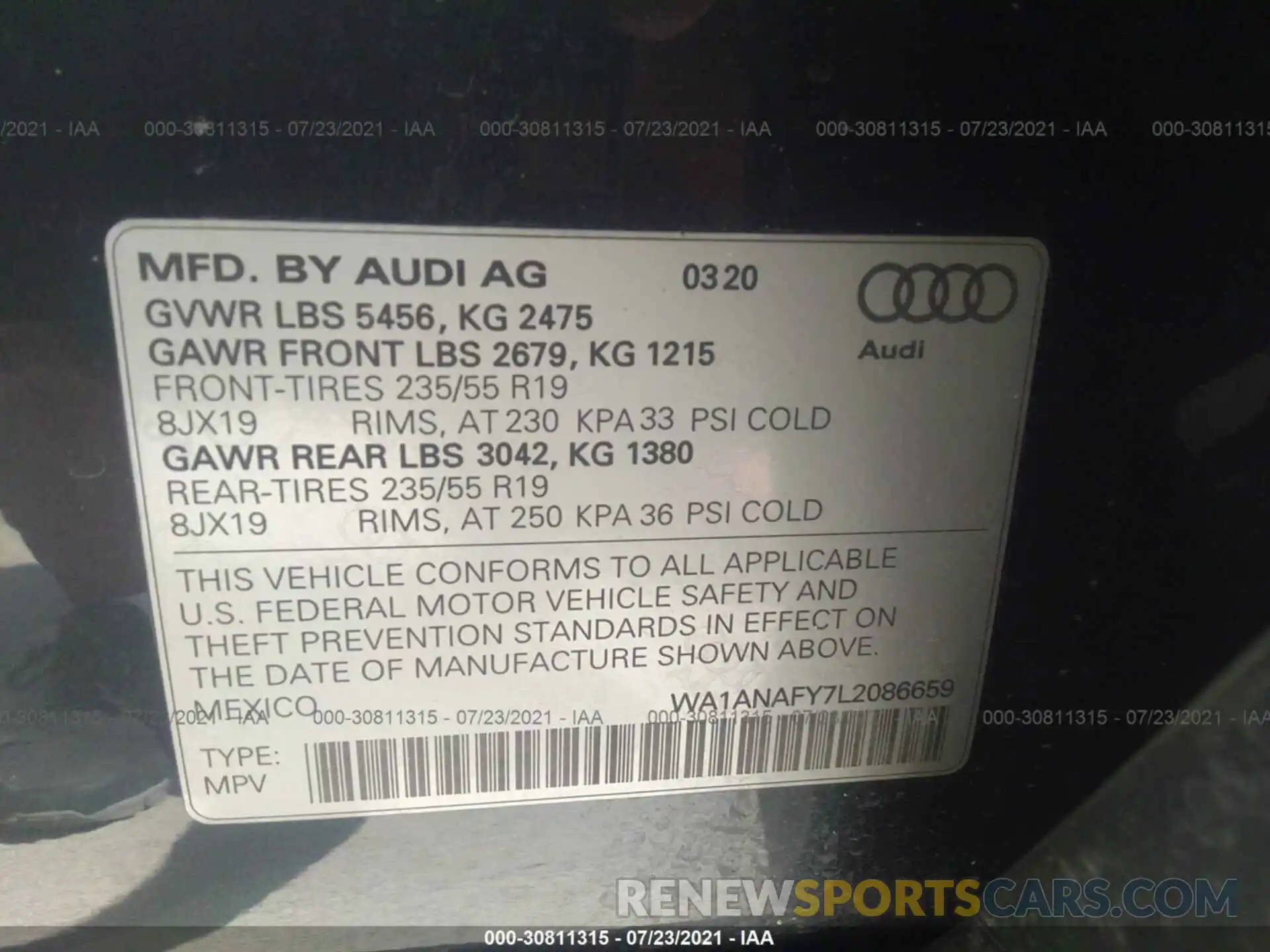 9 Photograph of a damaged car WA1ANAFY7L2086659 AUDI Q5 2020