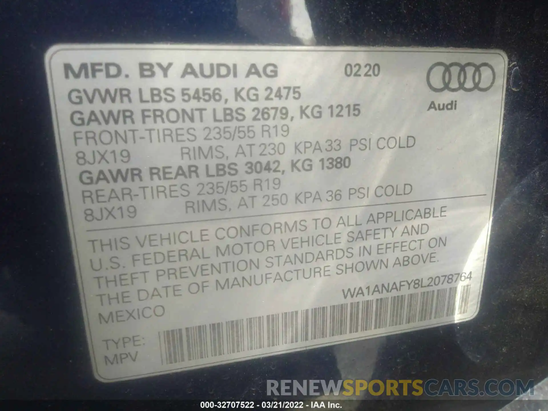 9 Фотография поврежденного автомобиля WA1ANAFY8L2078764 AUDI Q5 2020