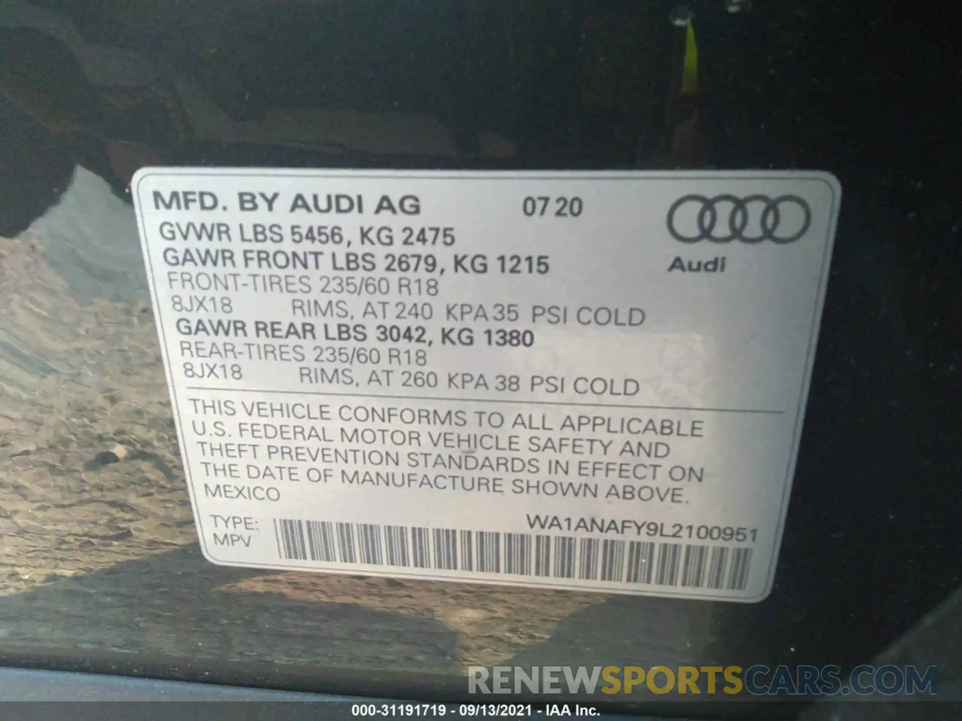 9 Фотография поврежденного автомобиля WA1ANAFY9L2100951 AUDI Q5 2020