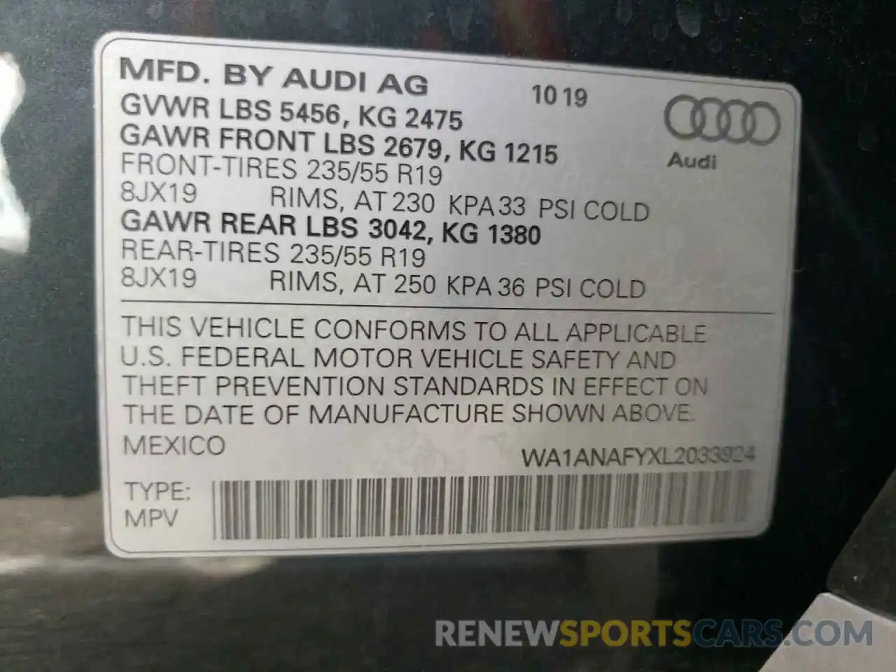 10 Photograph of a damaged car WA1ANAFYXL2033924 AUDI Q5 2020