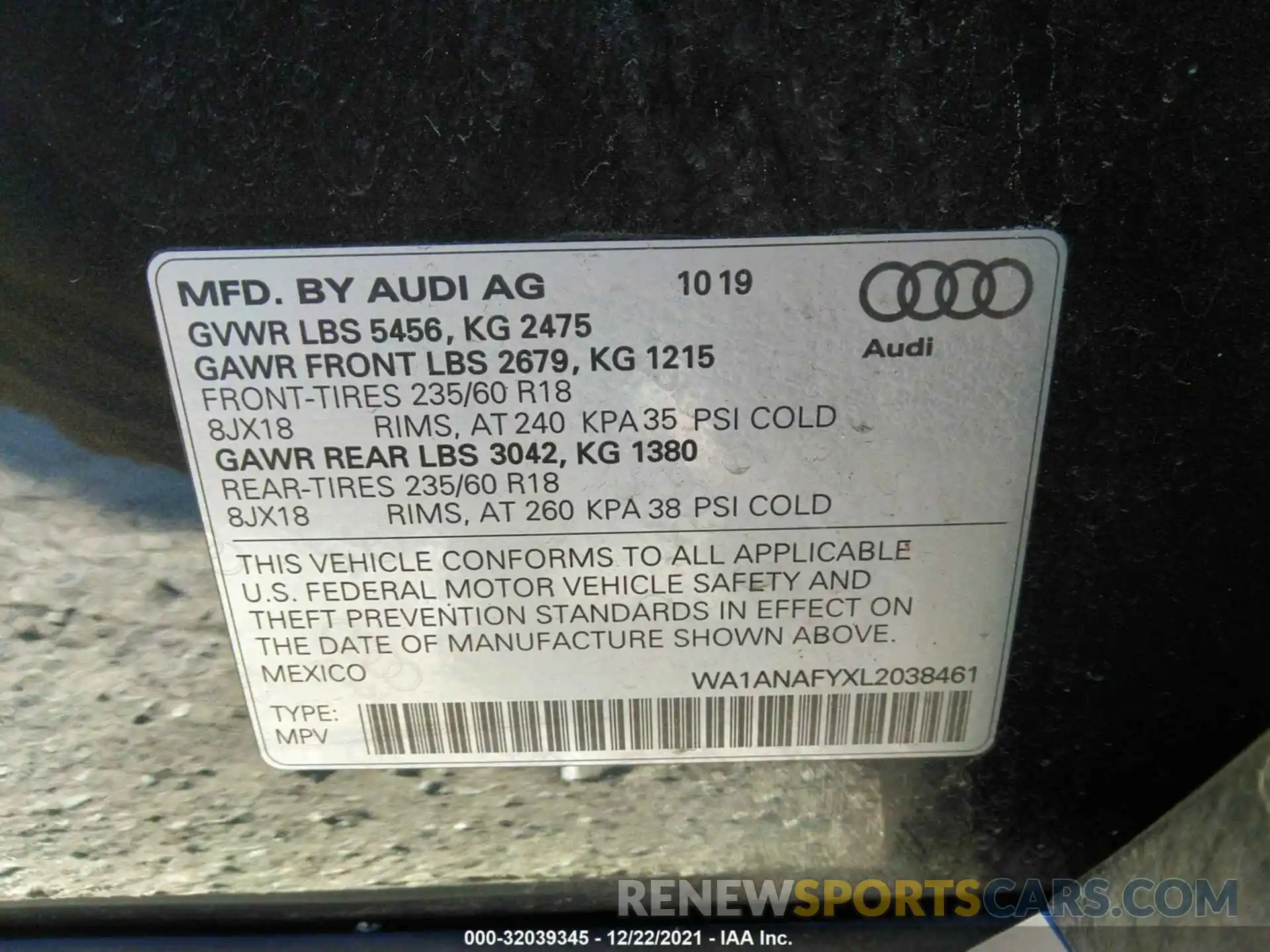 9 Photograph of a damaged car WA1ANAFYXL2038461 AUDI Q5 2020