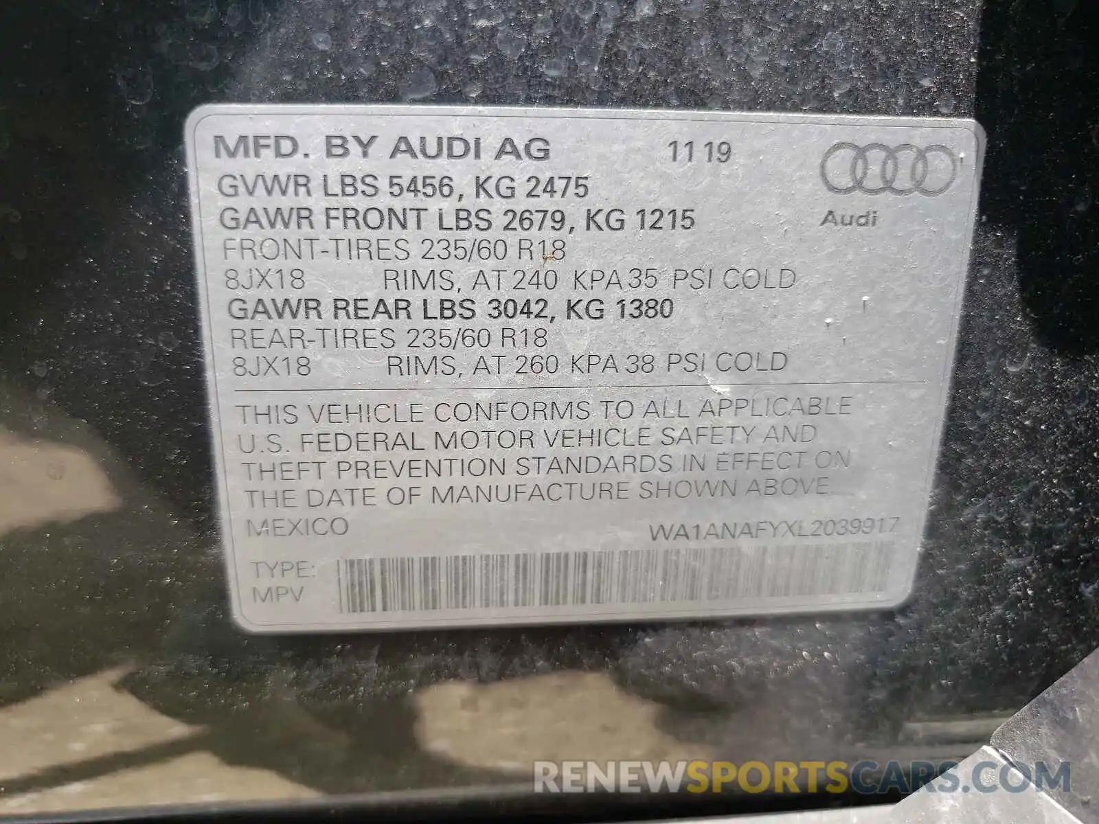 10 Photograph of a damaged car WA1ANAFYXL2039917 AUDI Q5 2020