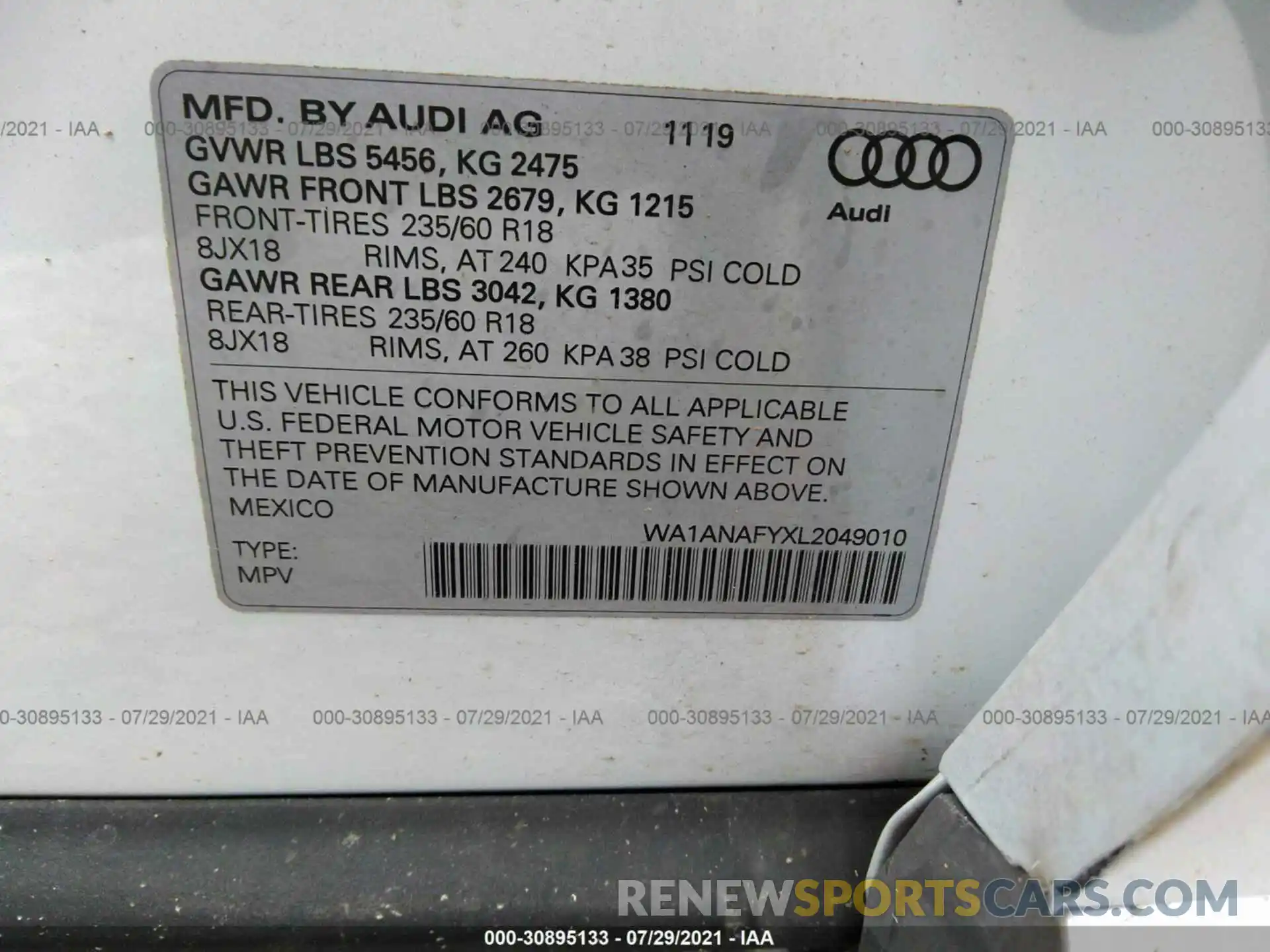 9 Фотография поврежденного автомобиля WA1ANAFYXL2049010 AUDI Q5 2020