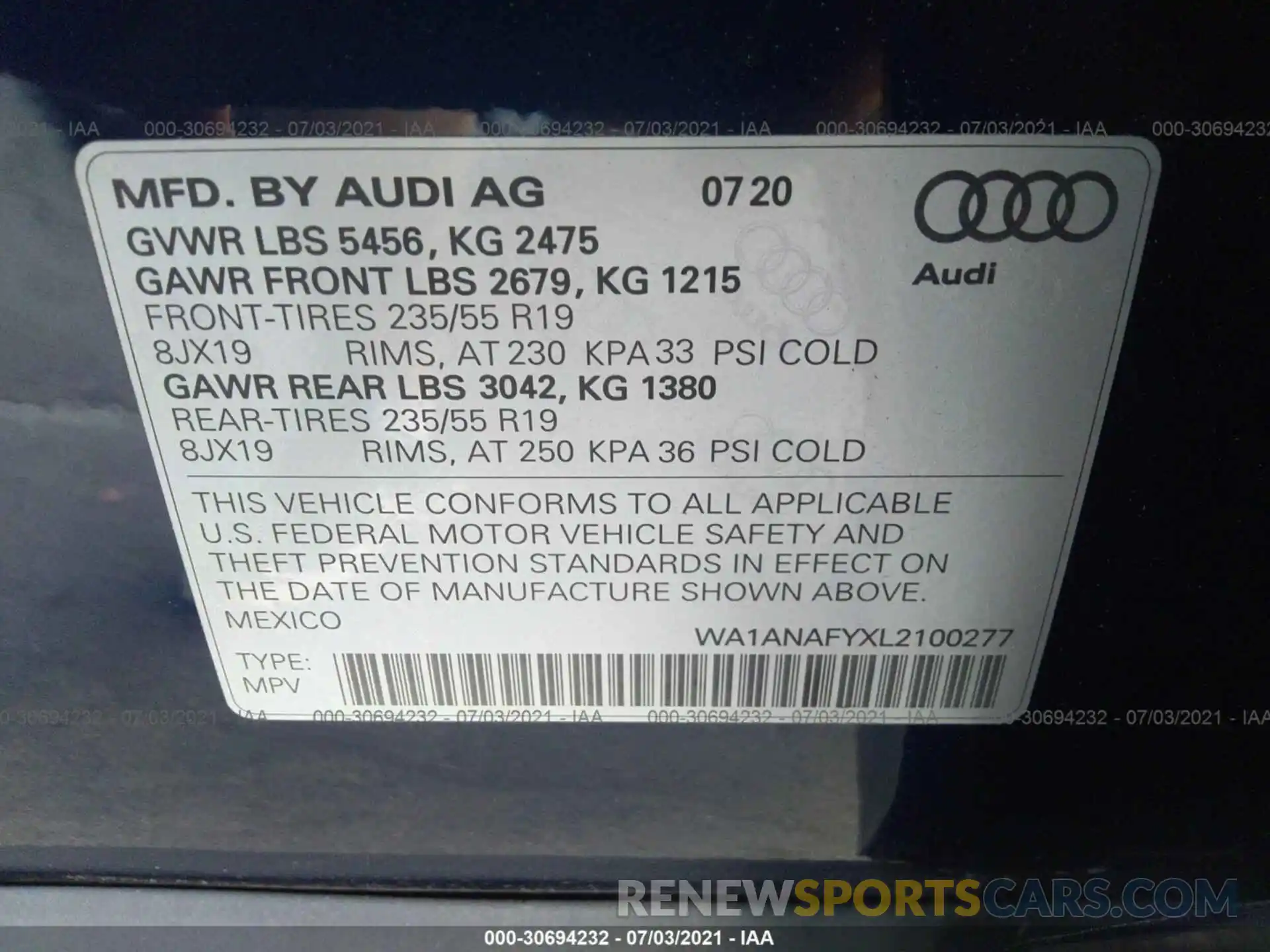 9 Photograph of a damaged car WA1ANAFYXL2100277 AUDI Q5 2020