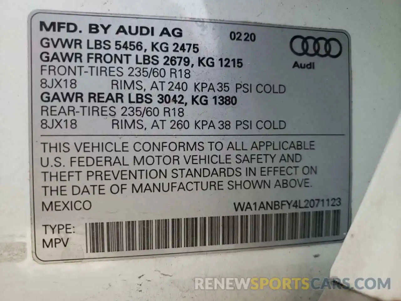 10 Photograph of a damaged car WA1ANBFY4L2071123 AUDI Q5 2020