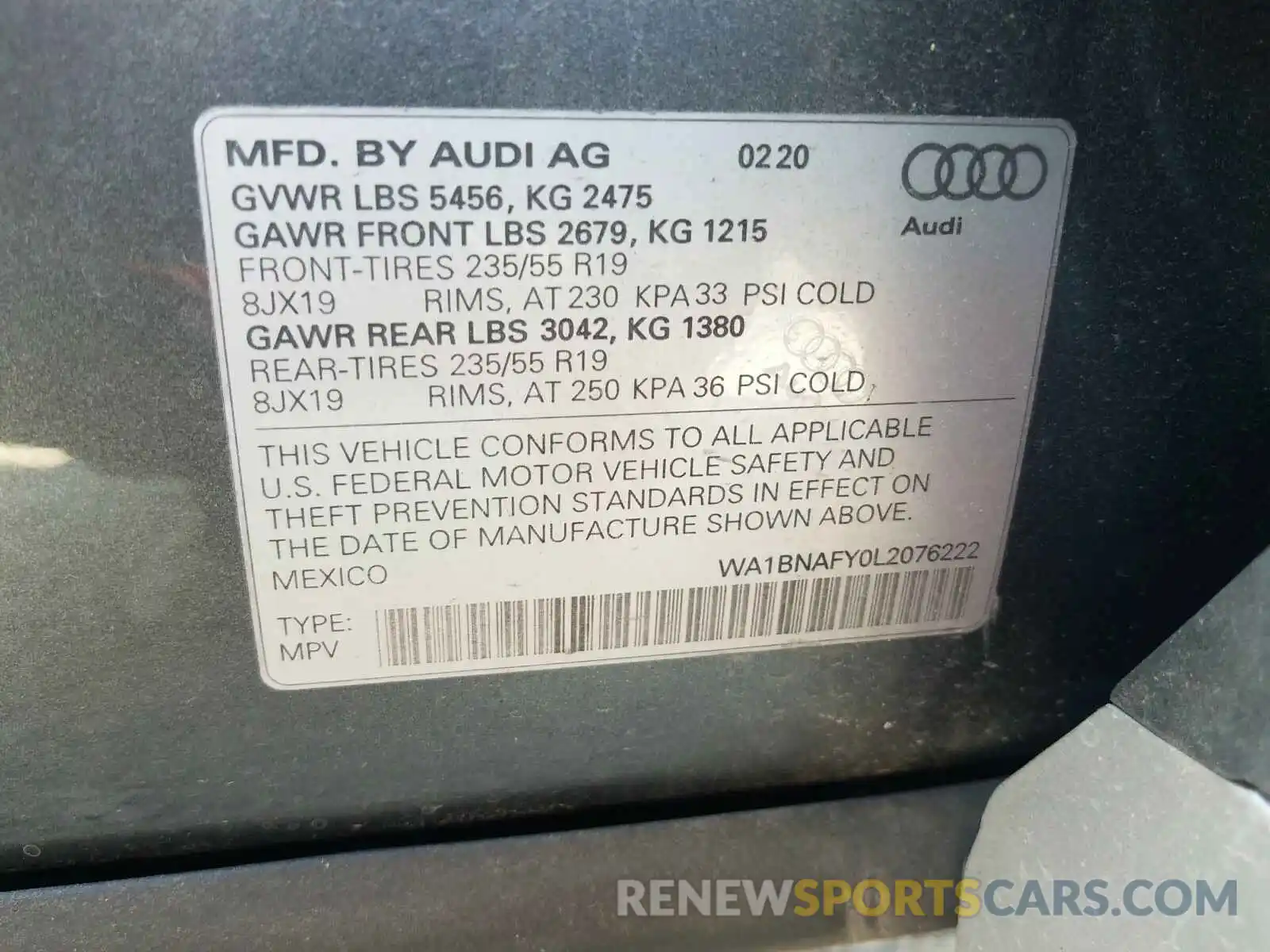 10 Photograph of a damaged car WA1BNAFY0L2076222 AUDI Q5 2020