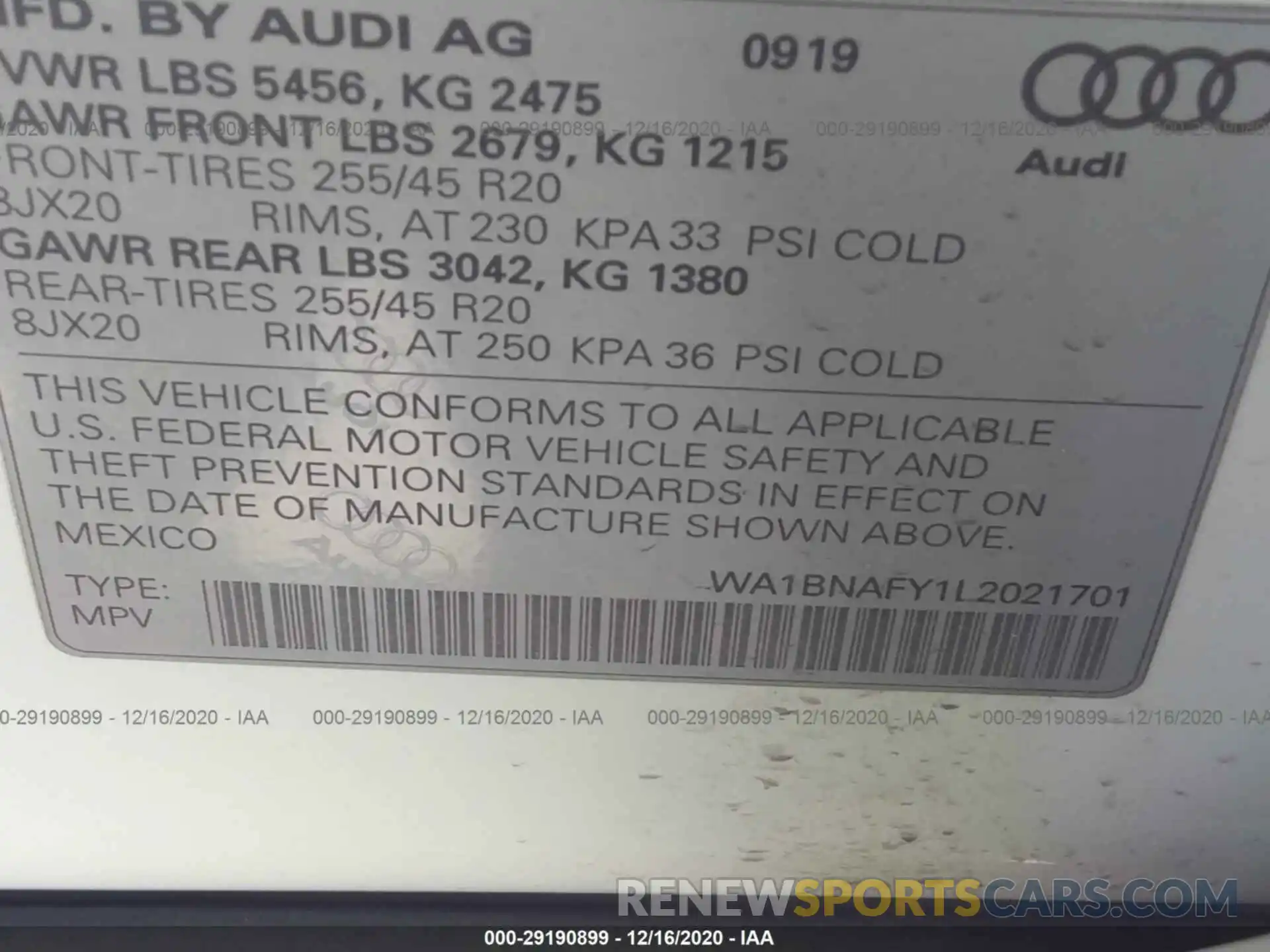 9 Photograph of a damaged car WA1BNAFY1L2021701 AUDI Q5 2020