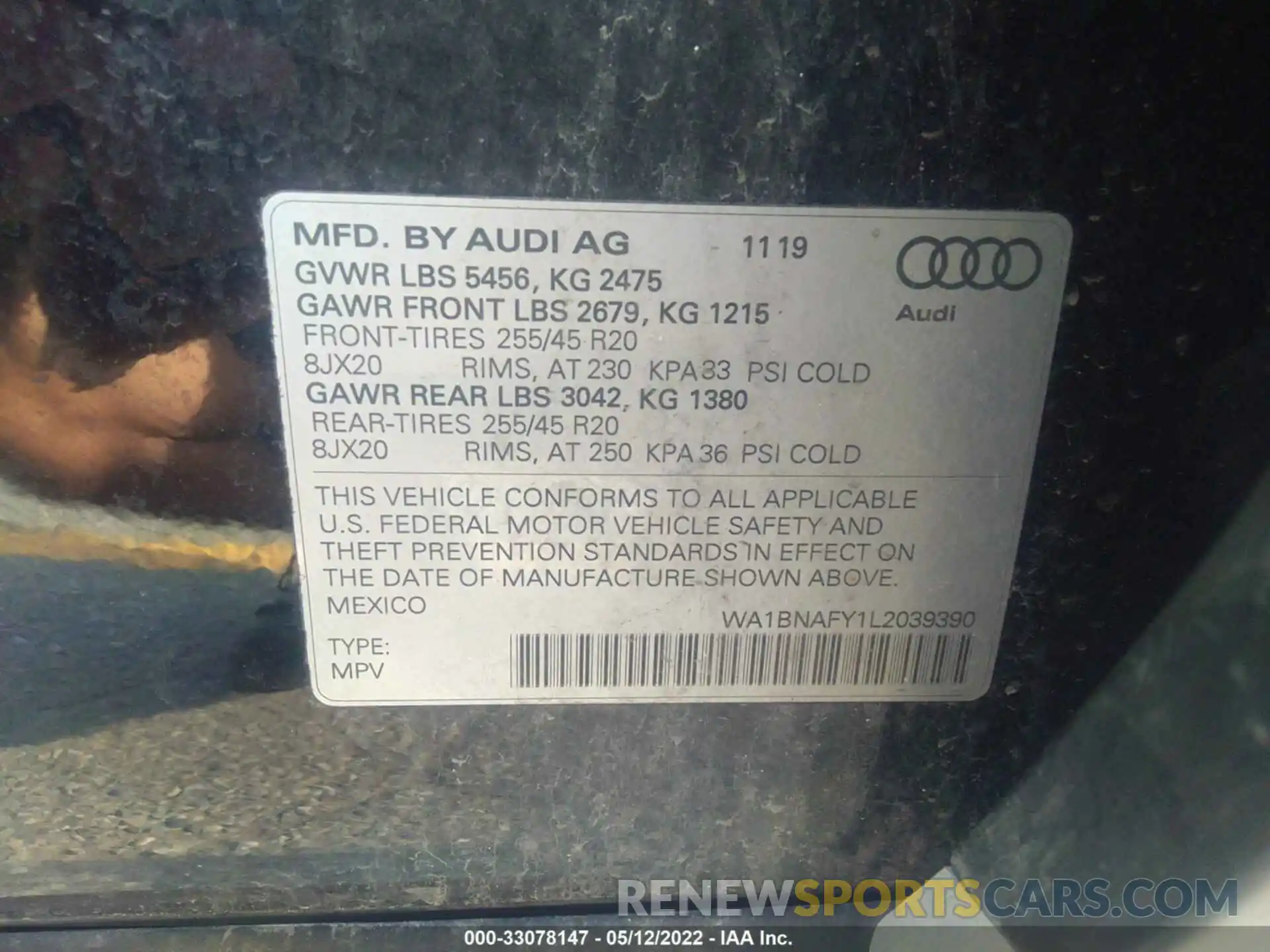 9 Photograph of a damaged car WA1BNAFY1L2039390 AUDI Q5 2020