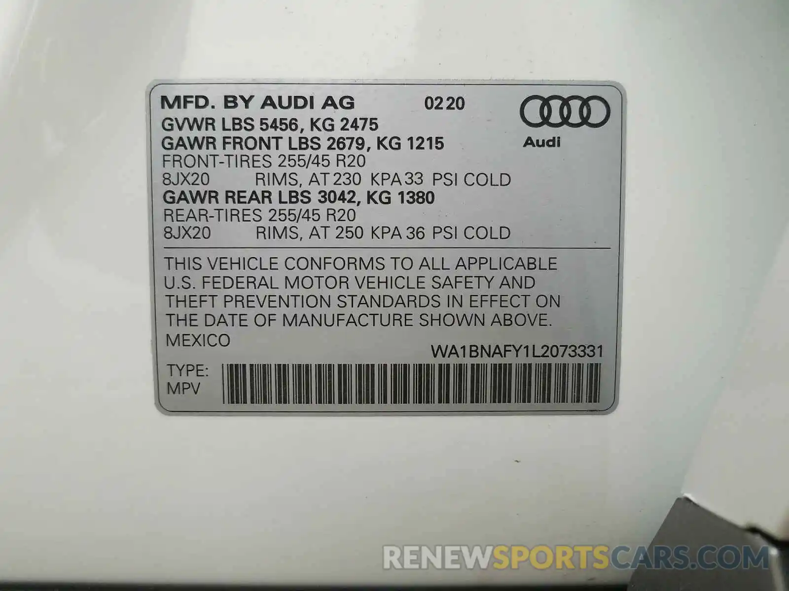 10 Photograph of a damaged car WA1BNAFY1L2073331 AUDI Q5 2020