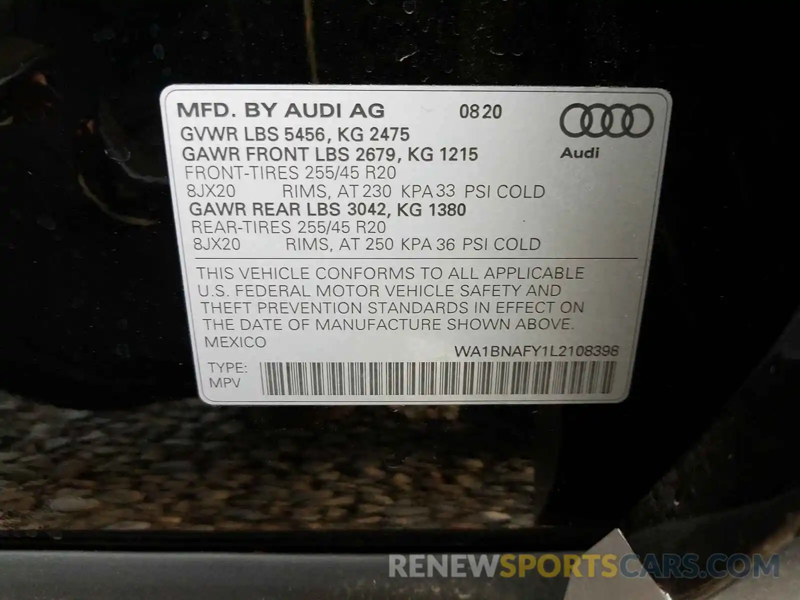 10 Photograph of a damaged car WA1BNAFY1L2108398 AUDI Q5 2020