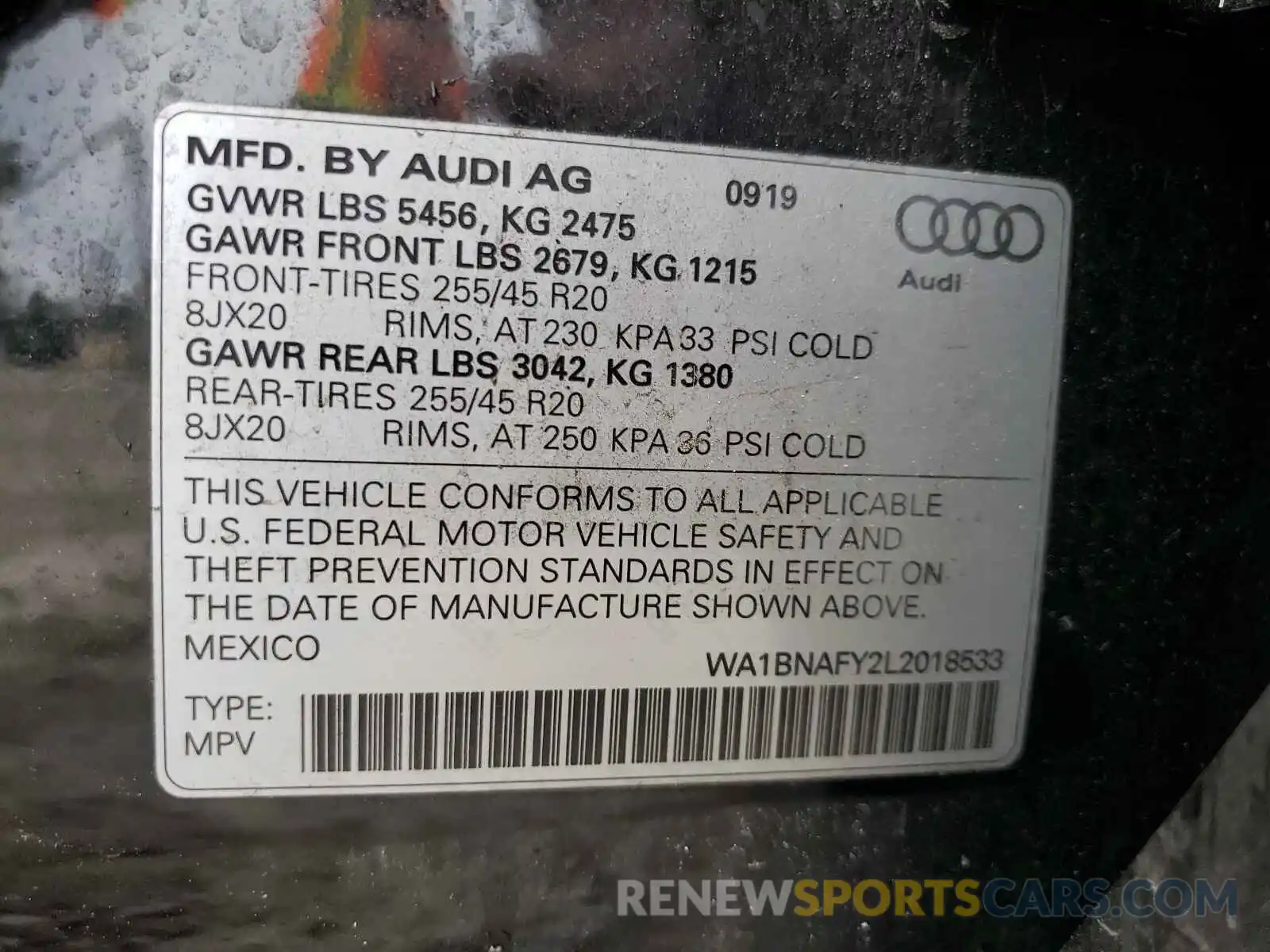 10 Photograph of a damaged car WA1BNAFY2L2018533 AUDI Q5 2020