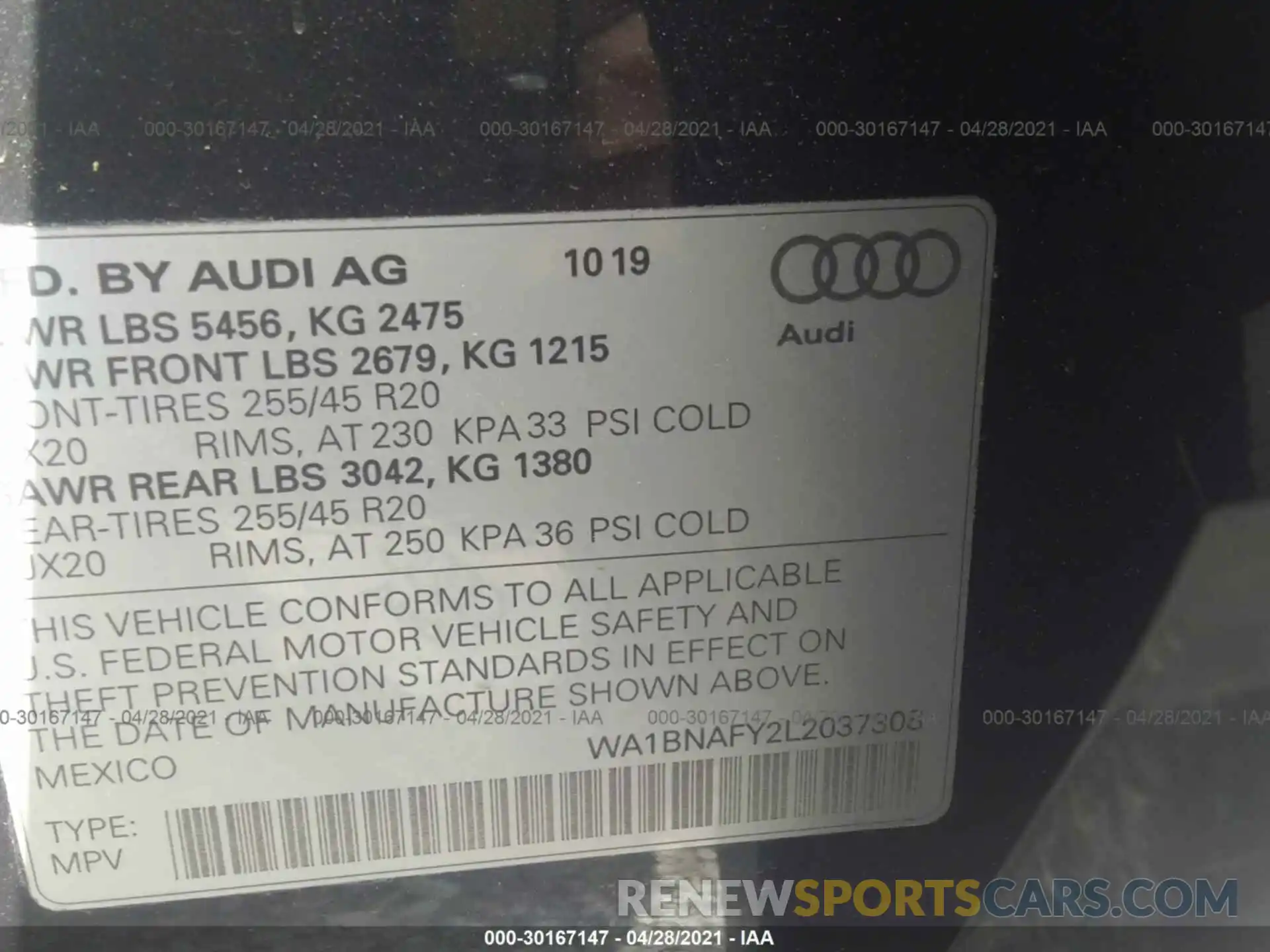 9 Photograph of a damaged car WA1BNAFY2L2037308 AUDI Q5 2020