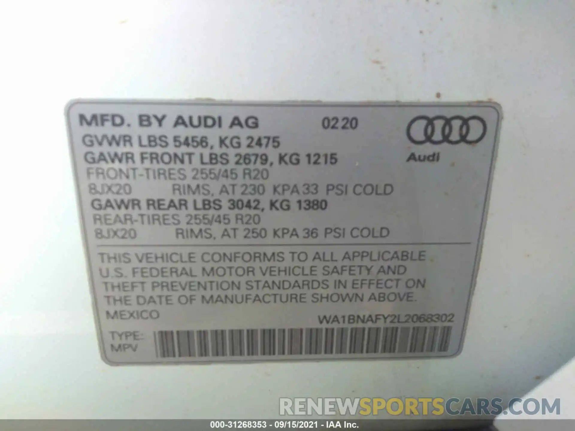 9 Фотография поврежденного автомобиля WA1BNAFY2L2068302 AUDI Q5 2020