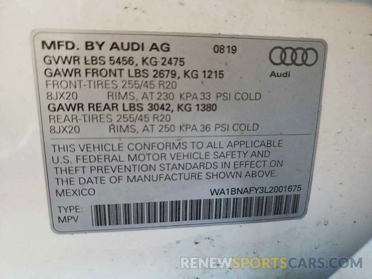 10 Photograph of a damaged car WA1BNAFY3L2001675 AUDI Q5 2020