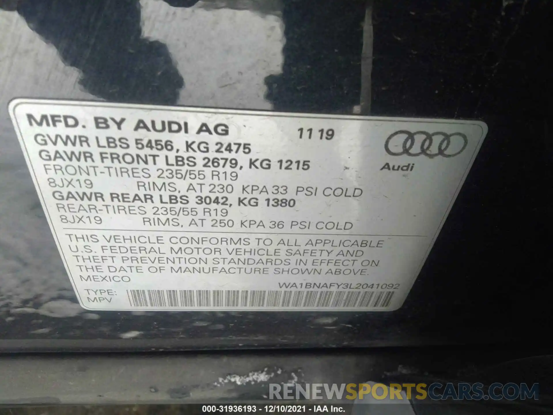 9 Photograph of a damaged car WA1BNAFY3L2041092 AUDI Q5 2020