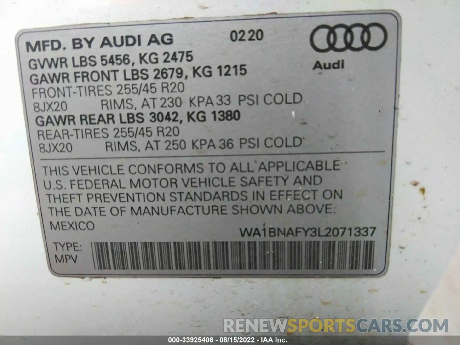 9 Фотография поврежденного автомобиля WA1BNAFY3L2071337 AUDI Q5 2020