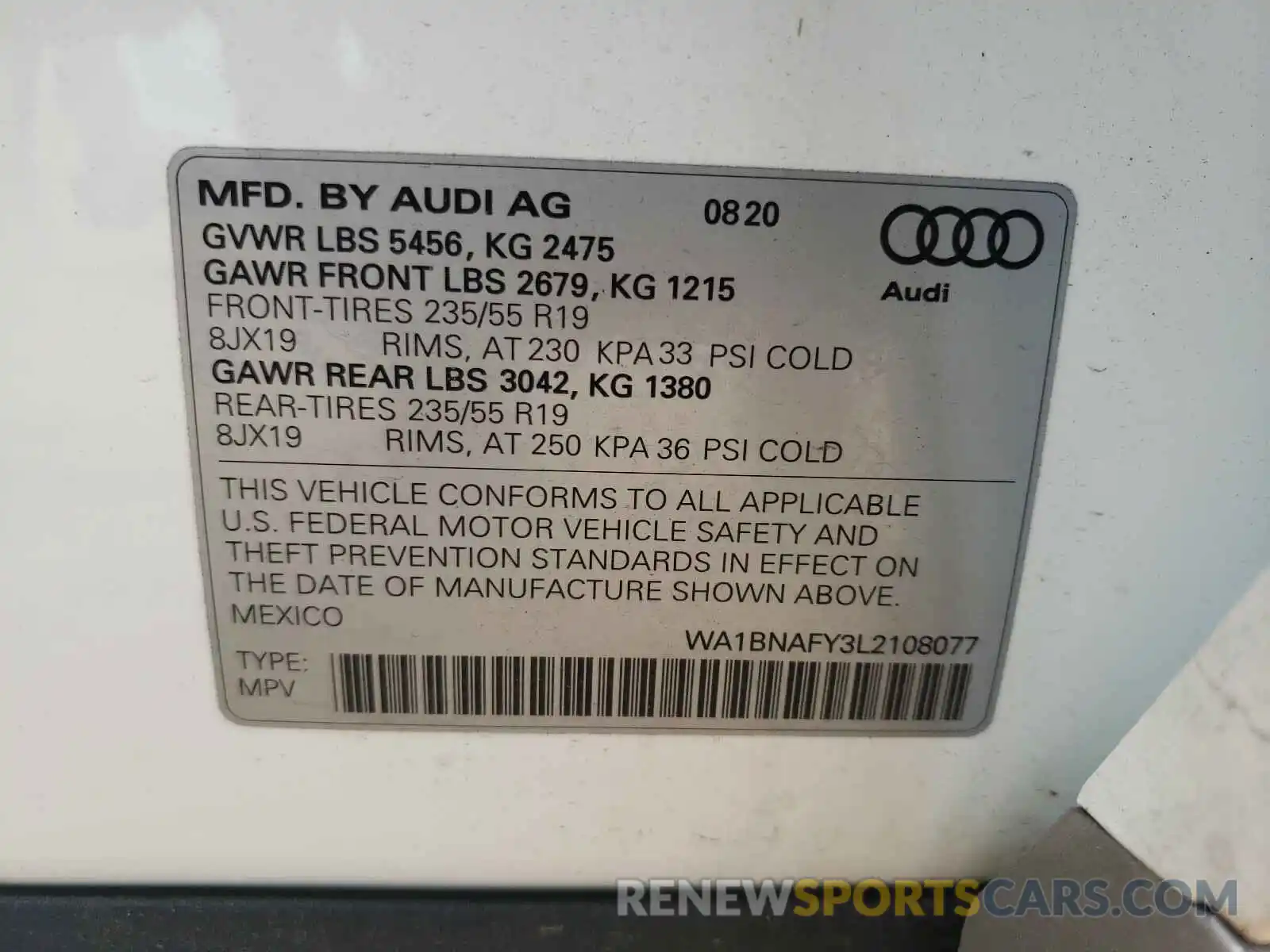 10 Photograph of a damaged car WA1BNAFY3L2108077 AUDI Q5 2020