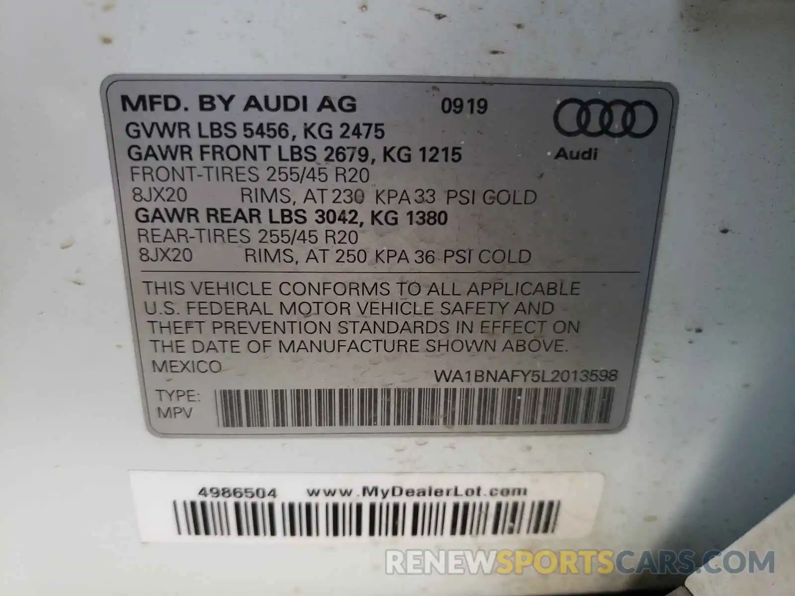 10 Фотография поврежденного автомобиля WA1BNAFY5L2013598 AUDI Q5 2020