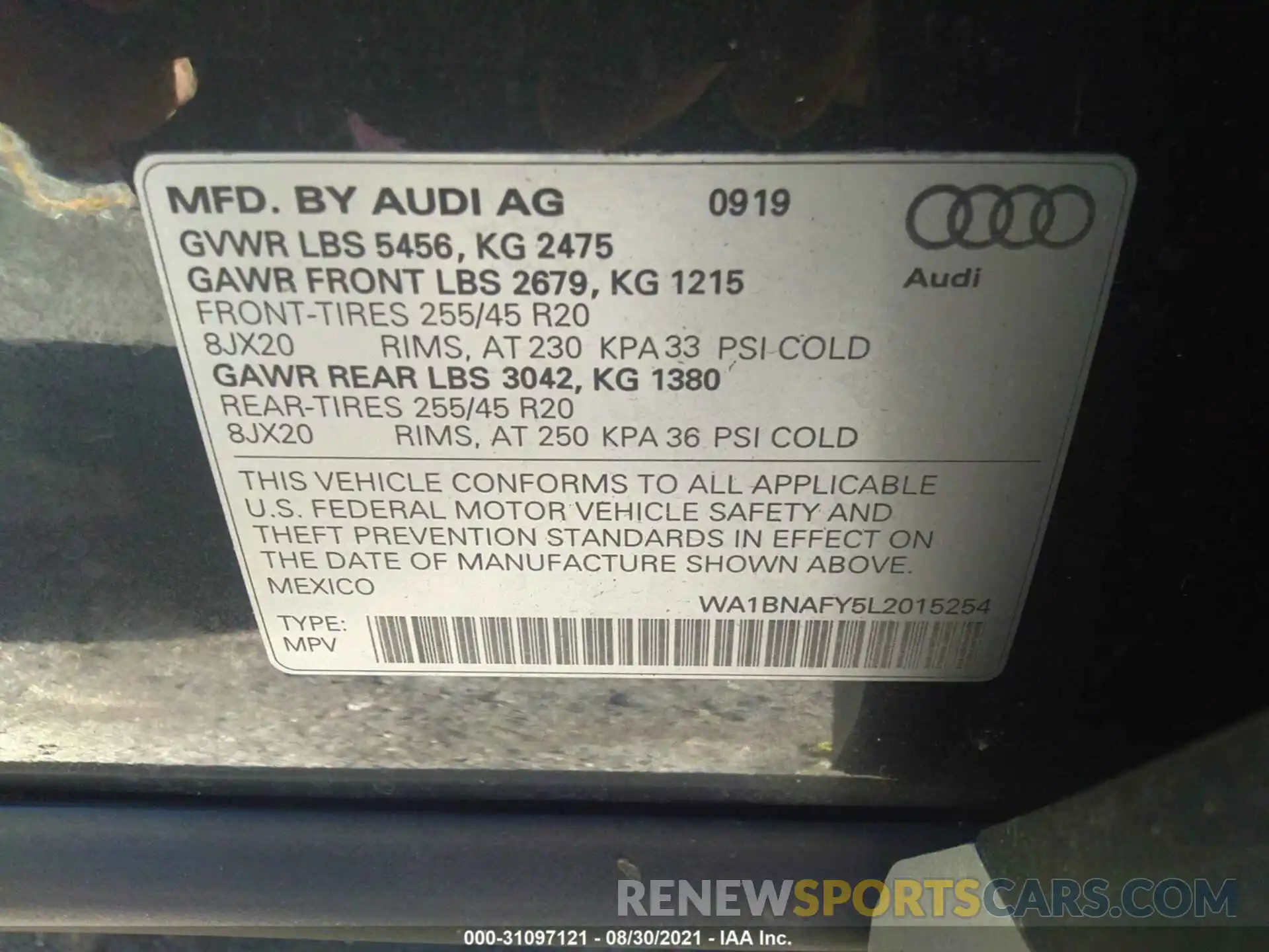 9 Photograph of a damaged car WA1BNAFY5L2015254 AUDI Q5 2020