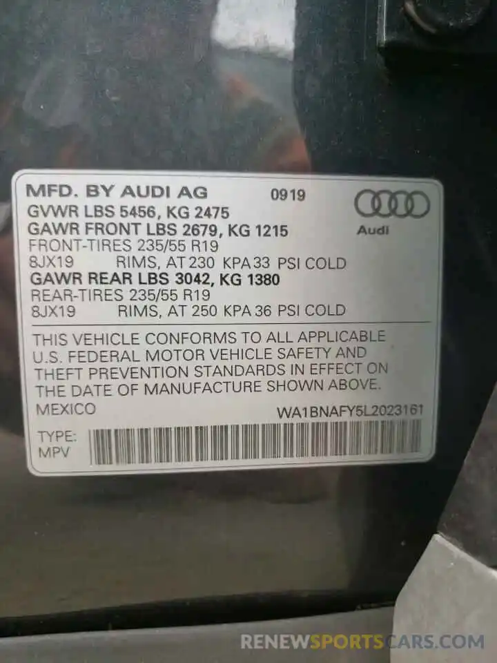 10 Фотография поврежденного автомобиля WA1BNAFY5L2023161 AUDI Q5 2020